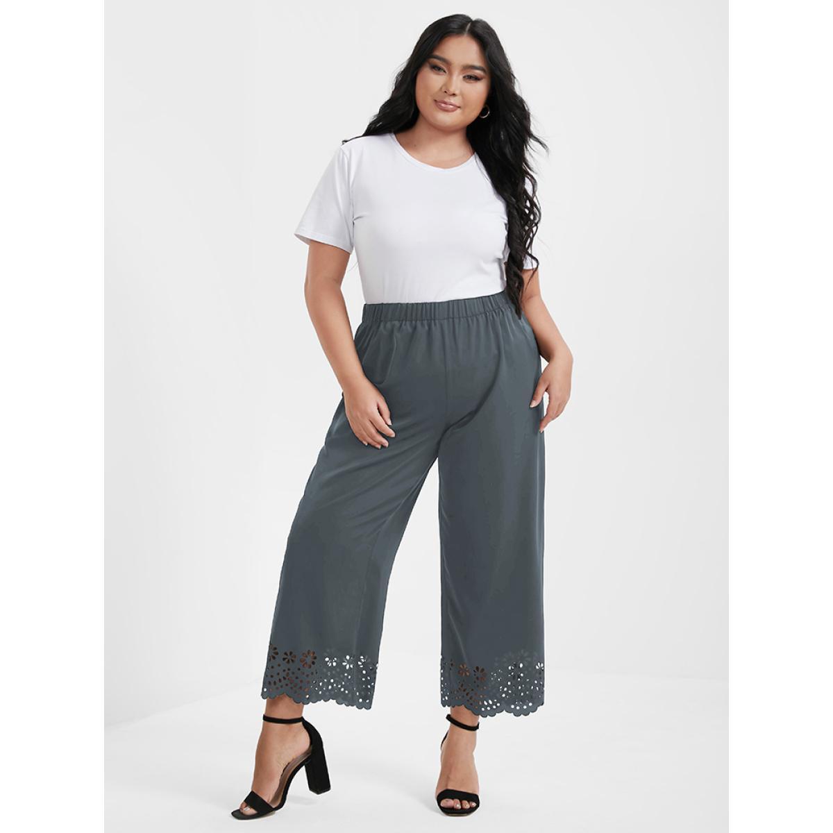 Plus Size Broderie Anglaise Elastic Waist Loose Pants Women SlateGray Elegant Loose High Rise Dailywear Pants BloomChic 12/L Product Image