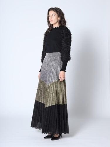 Three Metallic Color Blocked Pleated Maxi Skirt - Gracia S23504 Product Image