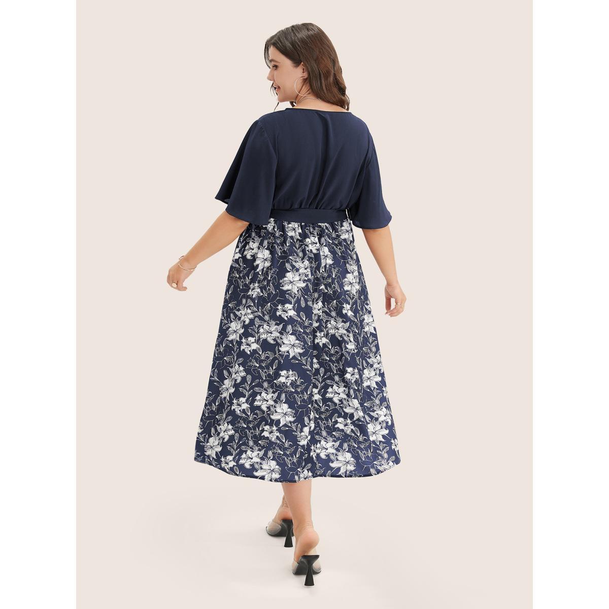 Plus Size Floral Patchwork Pocket Belt Surplice Neck Ruffle Hem Dress Navy Women Elegant Patchwork V-neck Short sleeve Curvy Midi Dress BloomChic 14-16/1X Product Image
