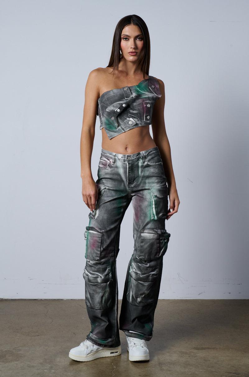 NOT YOURS BRALETTE DETAIL LAYERED PAINTED BUTTON DOWN BLOUSE Product Image