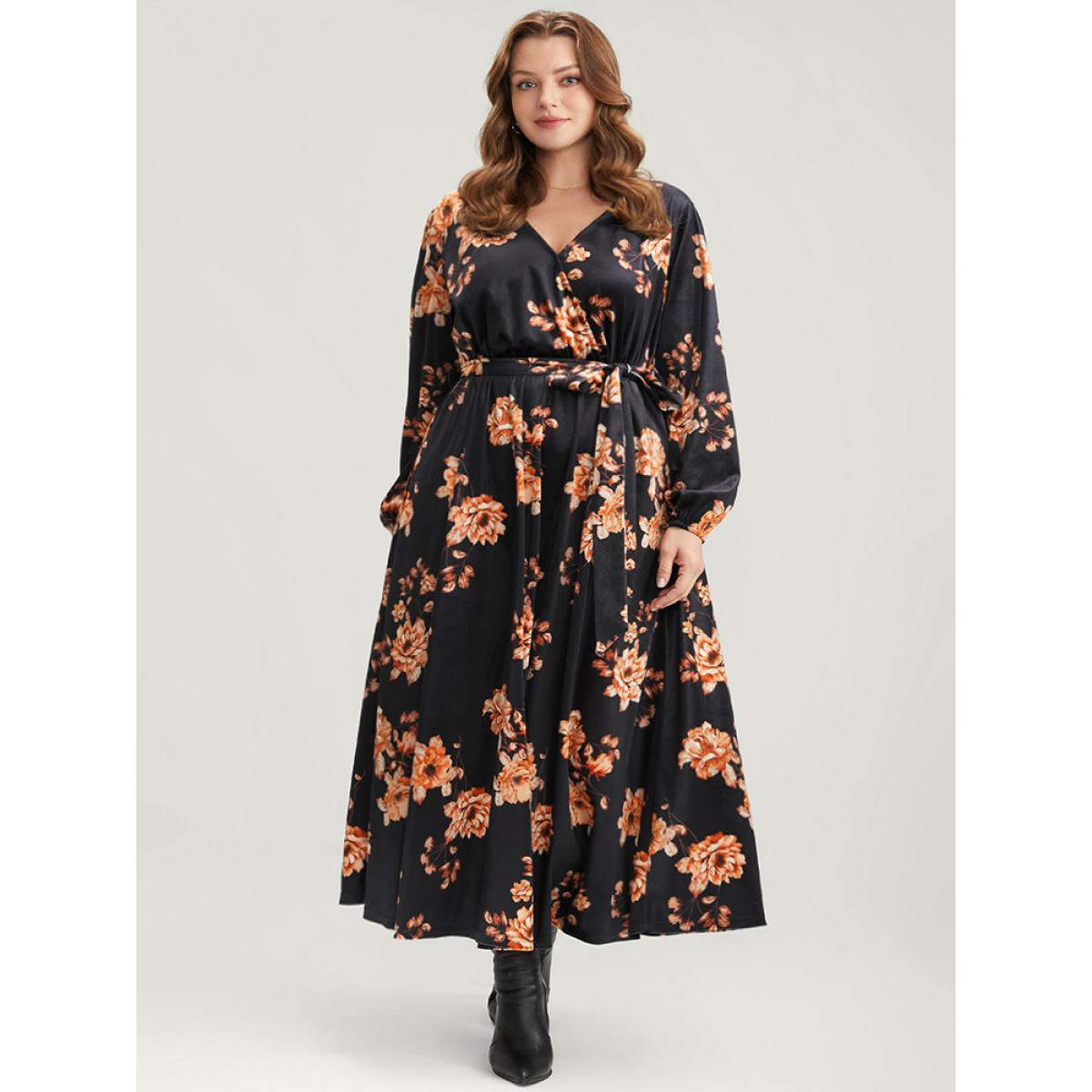 Plus Size Floral Lantern Sleeve Belted Surplice Neck Velvet Maxi Dress Black Women Elegant Cross straps V-neck Long Sleeve Curvy Long Dress BloomChic 18-20/2X Product Image