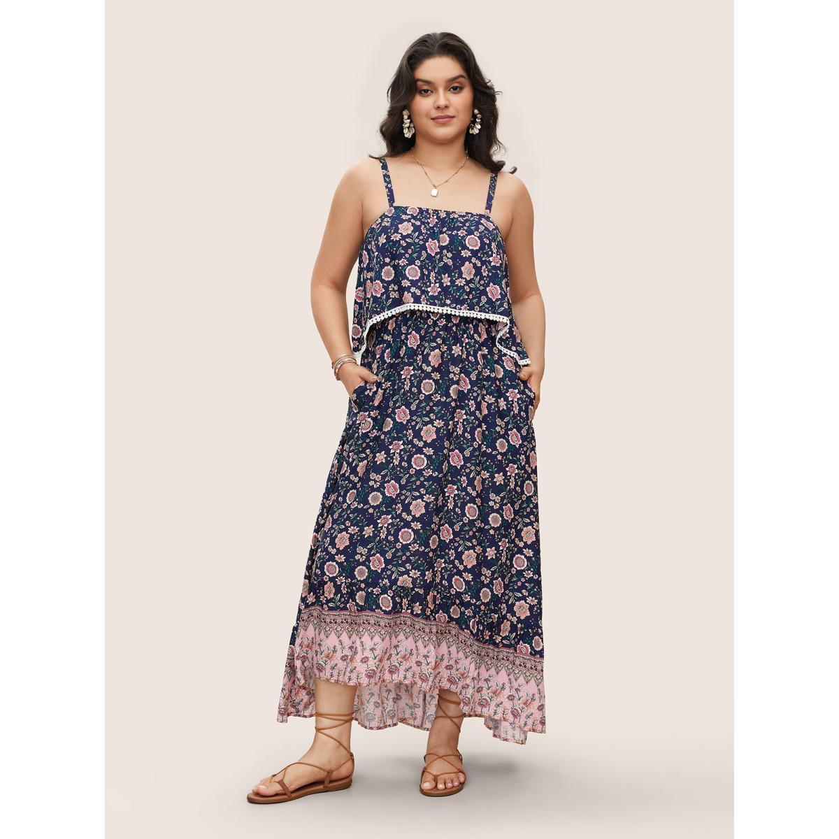 Plus Size Bandana Print Spaghetti Strap Pocket Ruffles Asymmetrical Hem Maxi Dress Navy Women Resort Non Non Sleeveless Curvy Long Dress BloomChic 22-24/3X Product Image