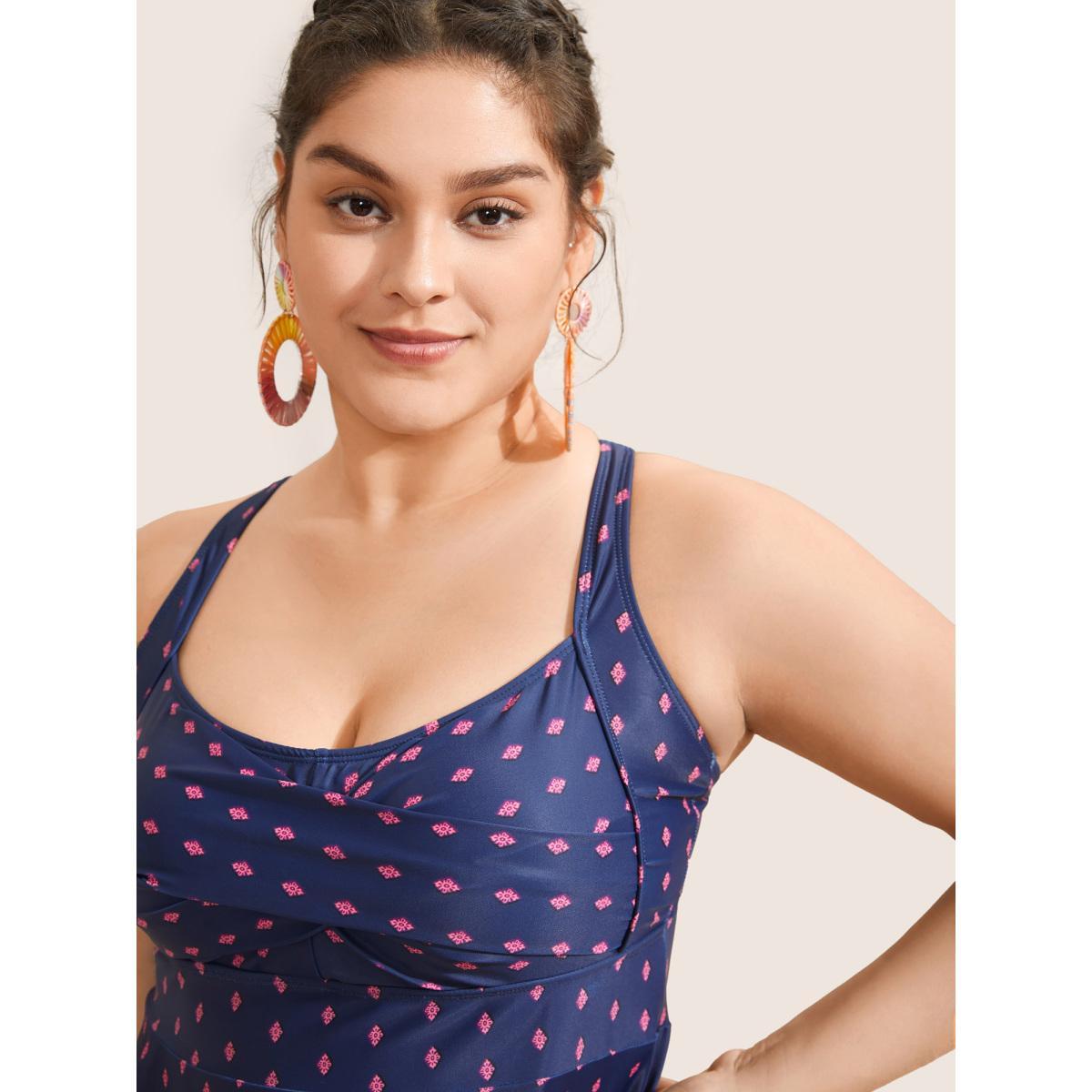 Plus Size Boho Print Very Stretchy Crossover Swim Dress Women's Swimwear DarkBlue Beach Bodycon Heart neckline No stretch Curve Swim Dresses BloomChic 28/5X Product Image