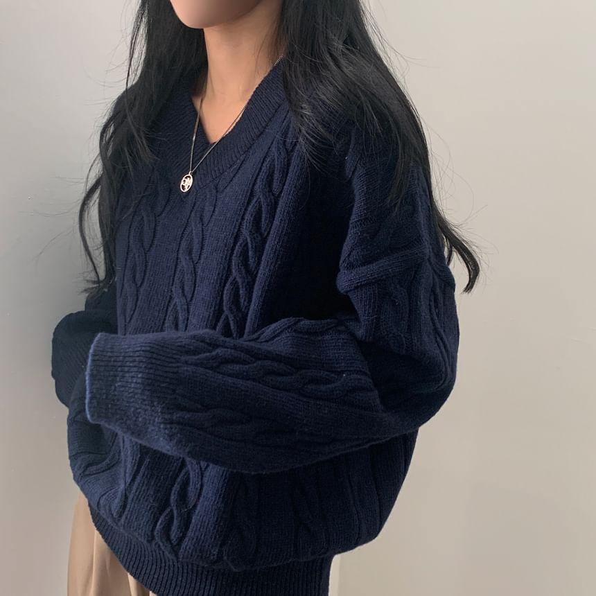 V-Neck Cable Knit Sweater Product Image
