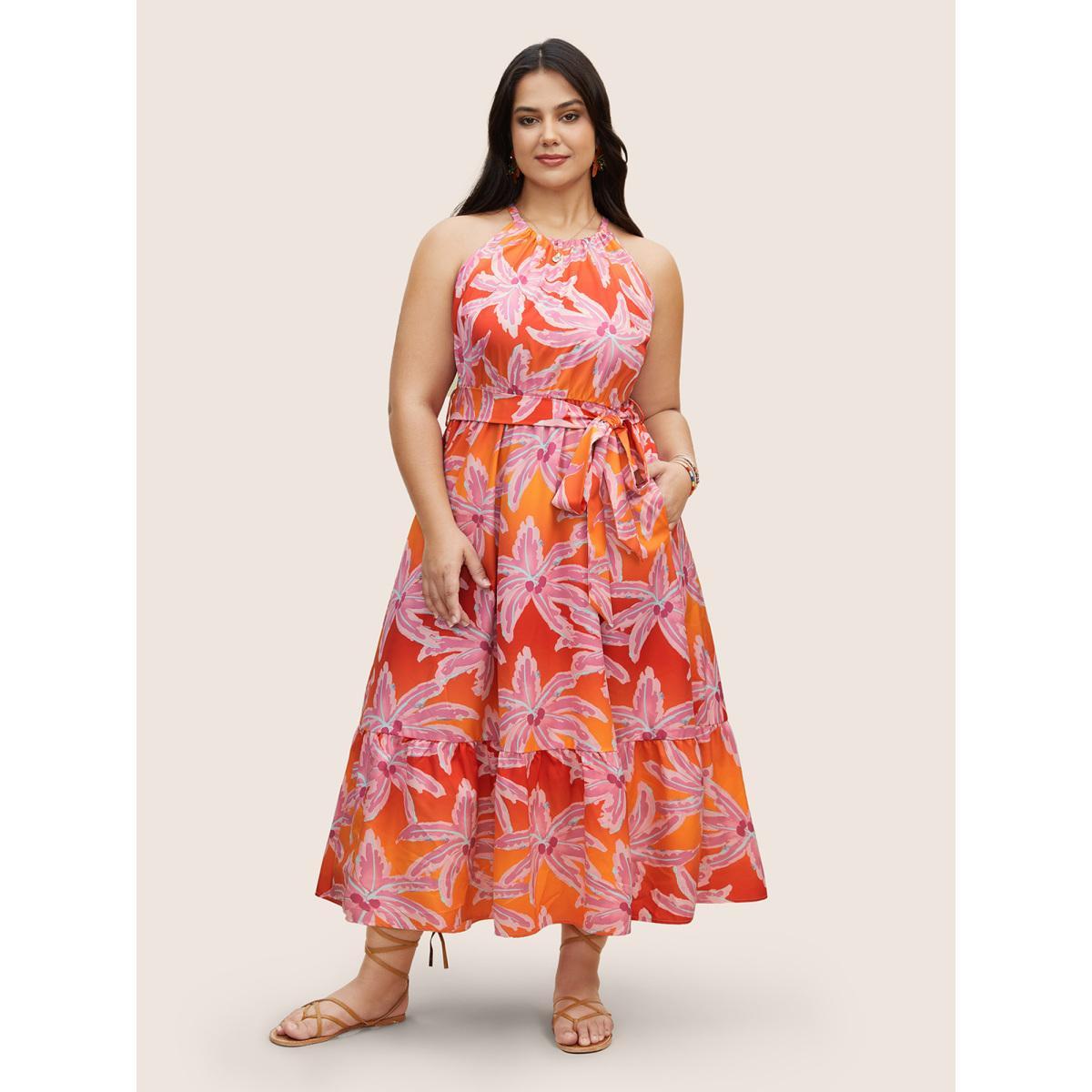 Plus Size Tropical Hand Painted Halter Belt Gathered Dress Pink Women Resort Gathered Halter neck Sleeveless Curvy BloomChic 10/M Product Image