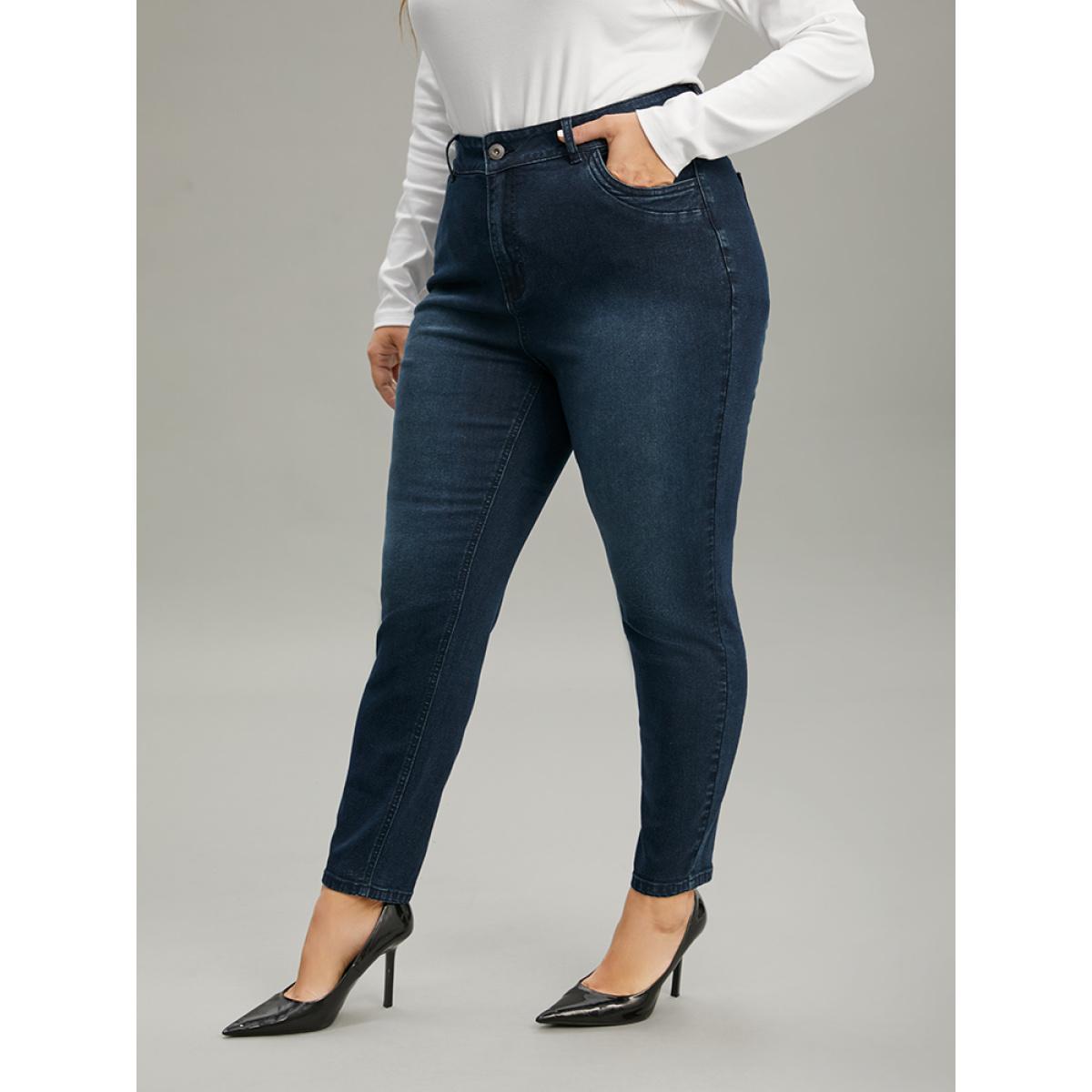Plus Size Pleated Detail Pocket Skinny Dark Wash Jeans Women Indigo Casual Plain Plain High stretch Pocket Jeans BloomChic 10/M Product Image