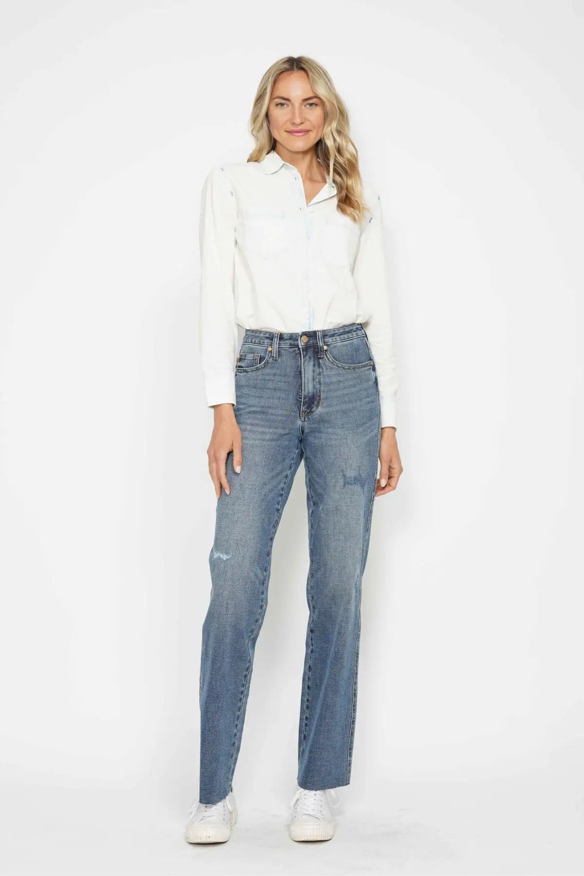 HI WAIST TUMMY CONTROL CUT RAW HEM STRAIGHT JEANS Product Image