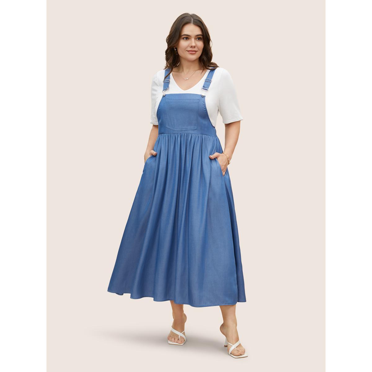 Plus Size Denim Effect Prin Gathered Patched Pocket Dress Mediumblue Women Casual Non Sleeveless Curvy BloomChic 28/5X Product Image