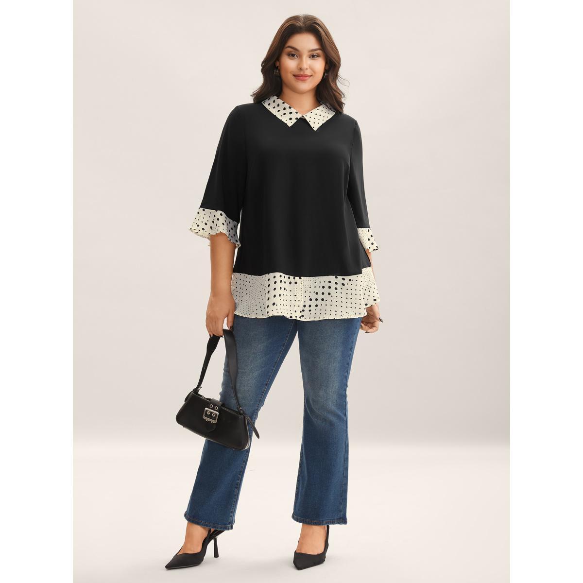 Plus Size Black Sheer Color Contrast Spliced Collar Blouse Women Elbow-length sleeve Shirt collar Work Blouses BloomChic 14-16/1X Product Image