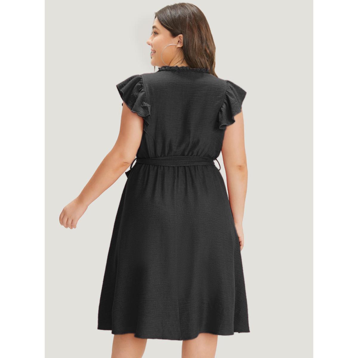 Plus Size Solid Pocket Lace Insert Pleated Flutter Sleeve Dress Black Women Office Gathered Round Neck Sleeveless Curvy Knee Dress BloomChic 10/M Product Image