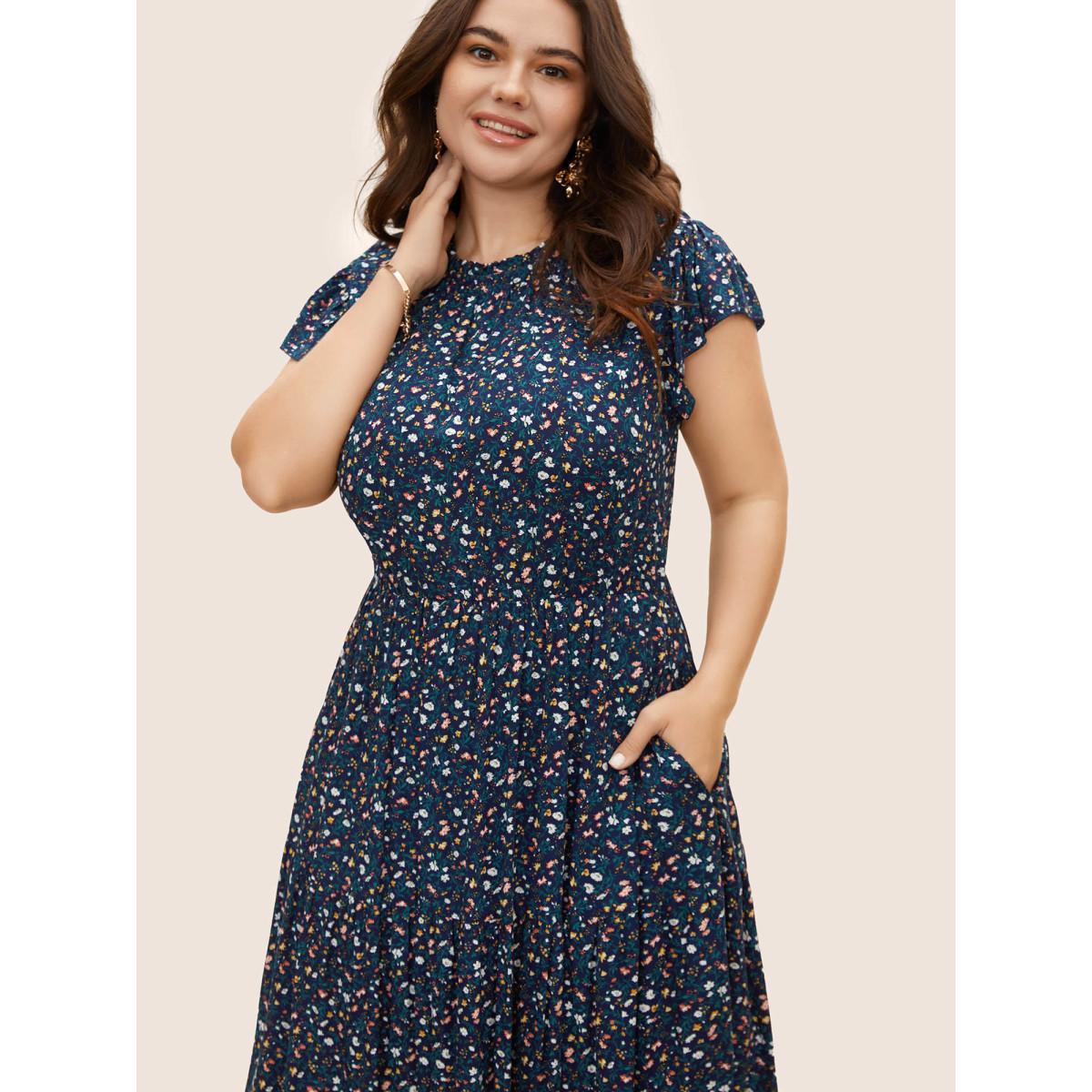 Plus Size Ditsy Floral Ruffle Cap Sleeve Dress Navy Women Elegant Frill Trim Mock Neck Cap Sleeve Curvy BloomChic 30/6X Product Image