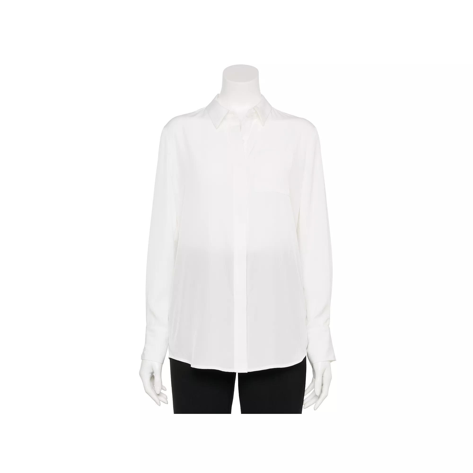 Women's Nine West Adaptive Drapey Satin Magnetic Closure Long Sleeve Shirt, Size: Medium, White Knight Product Image