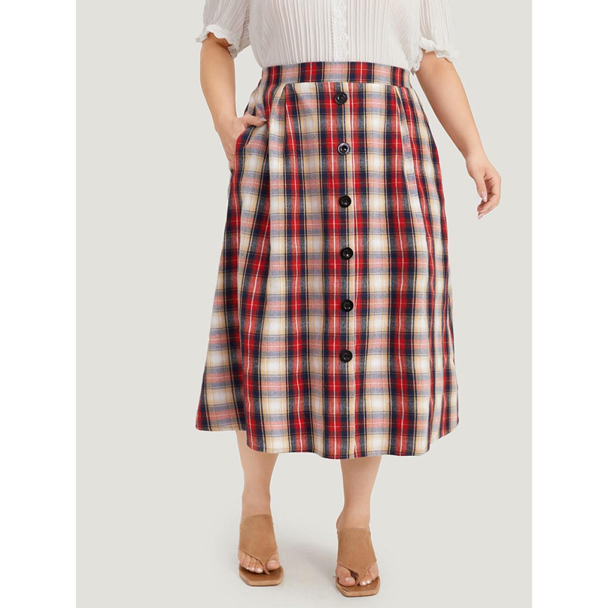 Plus Size Plaid Wideband Waist Pleated Button Detail Skirt Women Raspberry Office Button Loose No stretch Pocket Work Skirts BloomChic 18-20/2X Product Image