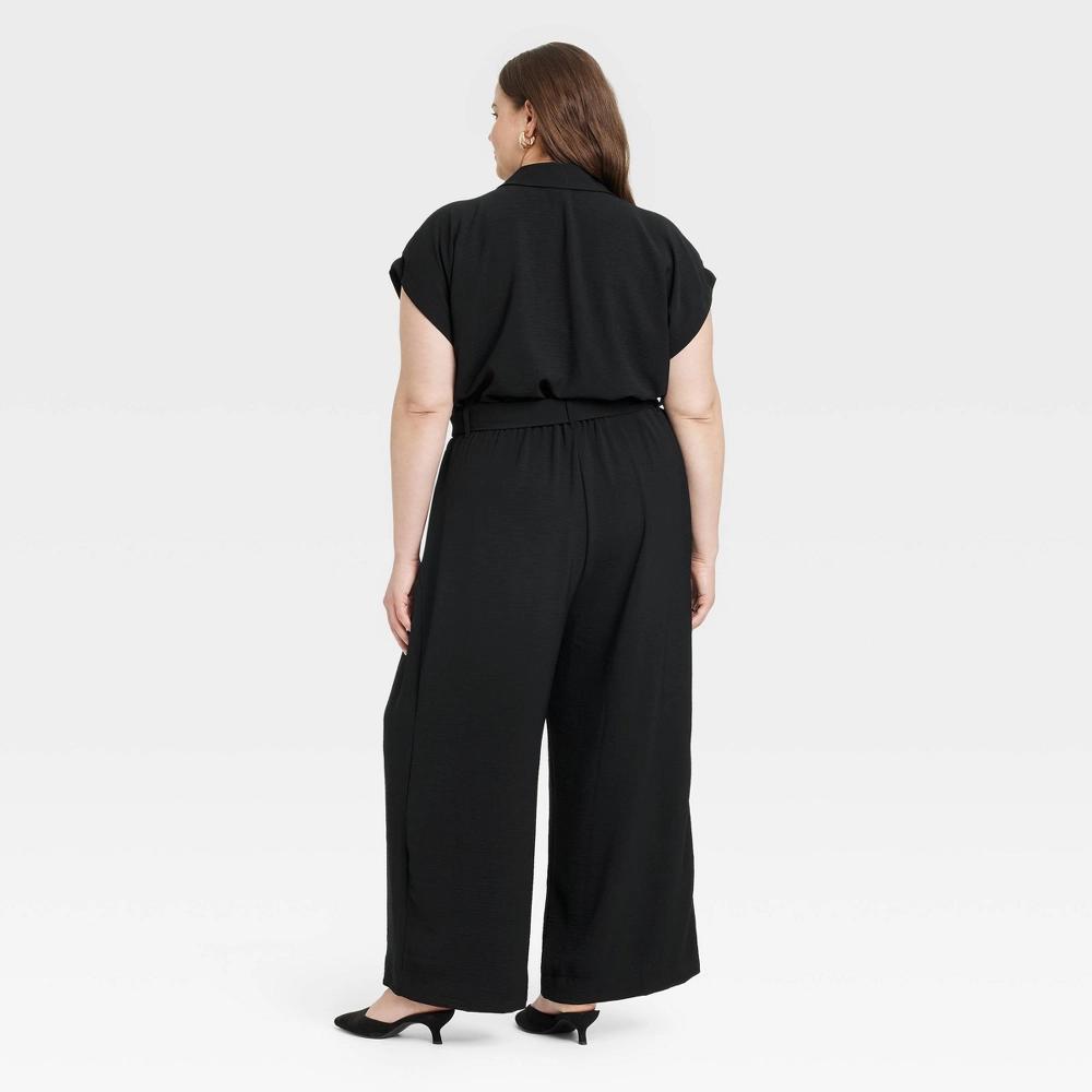 Womens Short Sleeve Jumpsuit - A New Day Black 2X: Collared, Front Button Down, Back Elastic Product Image