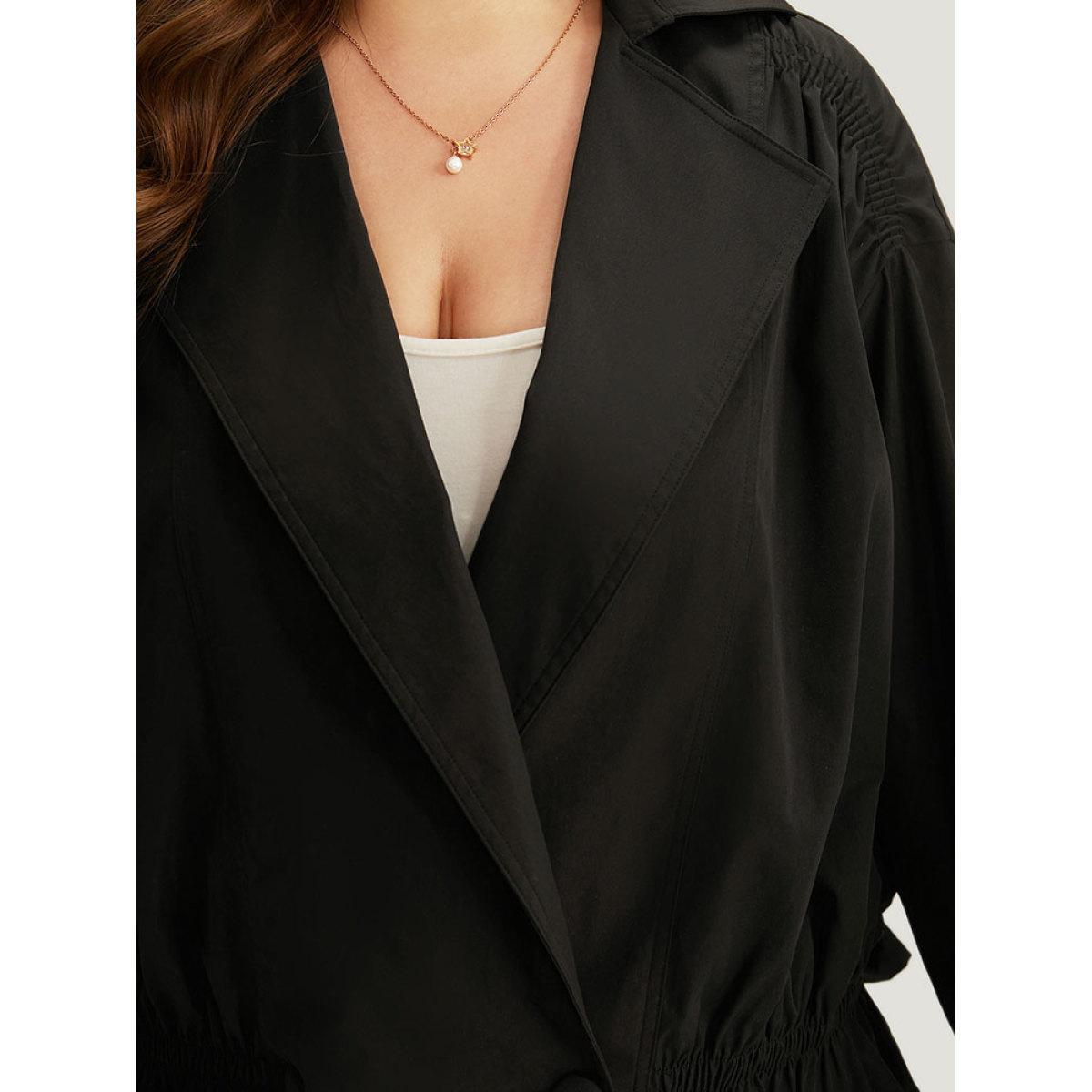 Plus Size Shirred Lapel Collar Metal Buckle Button Up Coat Women Black Casual Gathered Ladies Dailywear Winter Coats BloomChic 22-24/3X Product Image