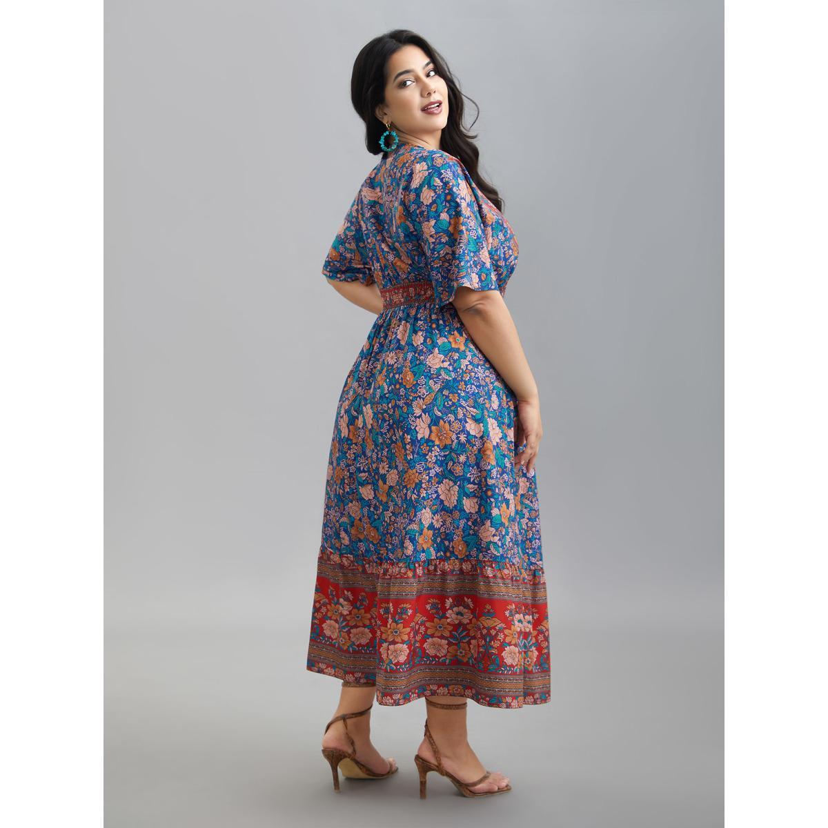 Plus Size Boho Print Ruffled Shirred V-Neck Maxi Dress Mediumblue Women Resort Shirred Overlap Collar Half Sleeve Curvy BloomChic 26/4X Product Image