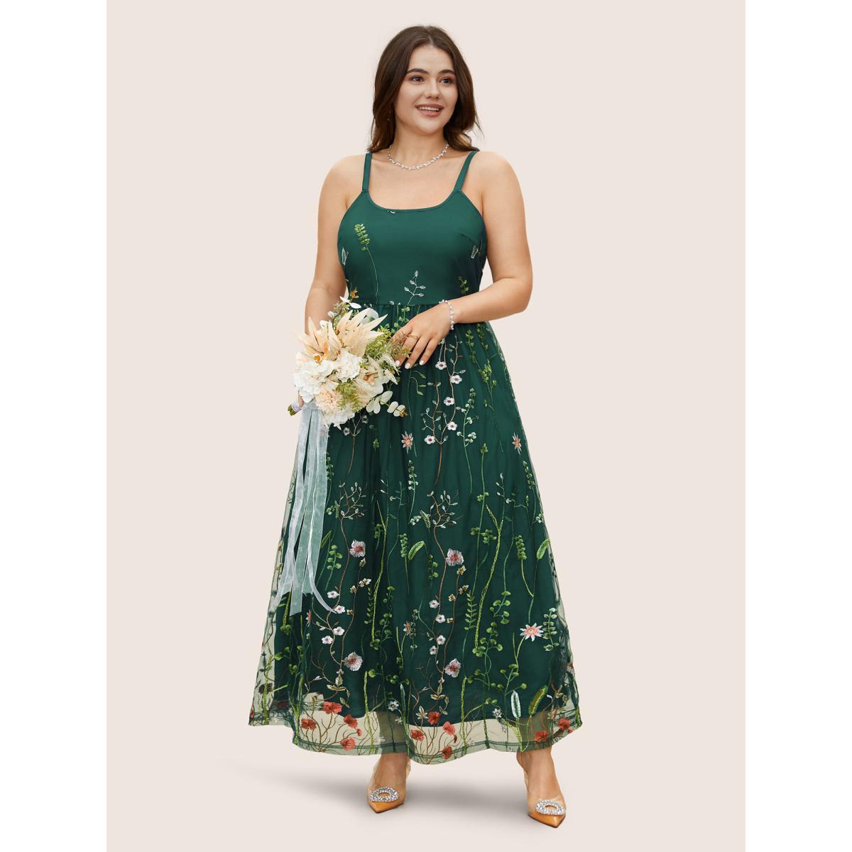 Plus Size U Neck Floral Embroidered Mesh Cami Dress DarkGreen Women Formal U-neck Sleeveless Curvy BloomChic 26/4X Product Image