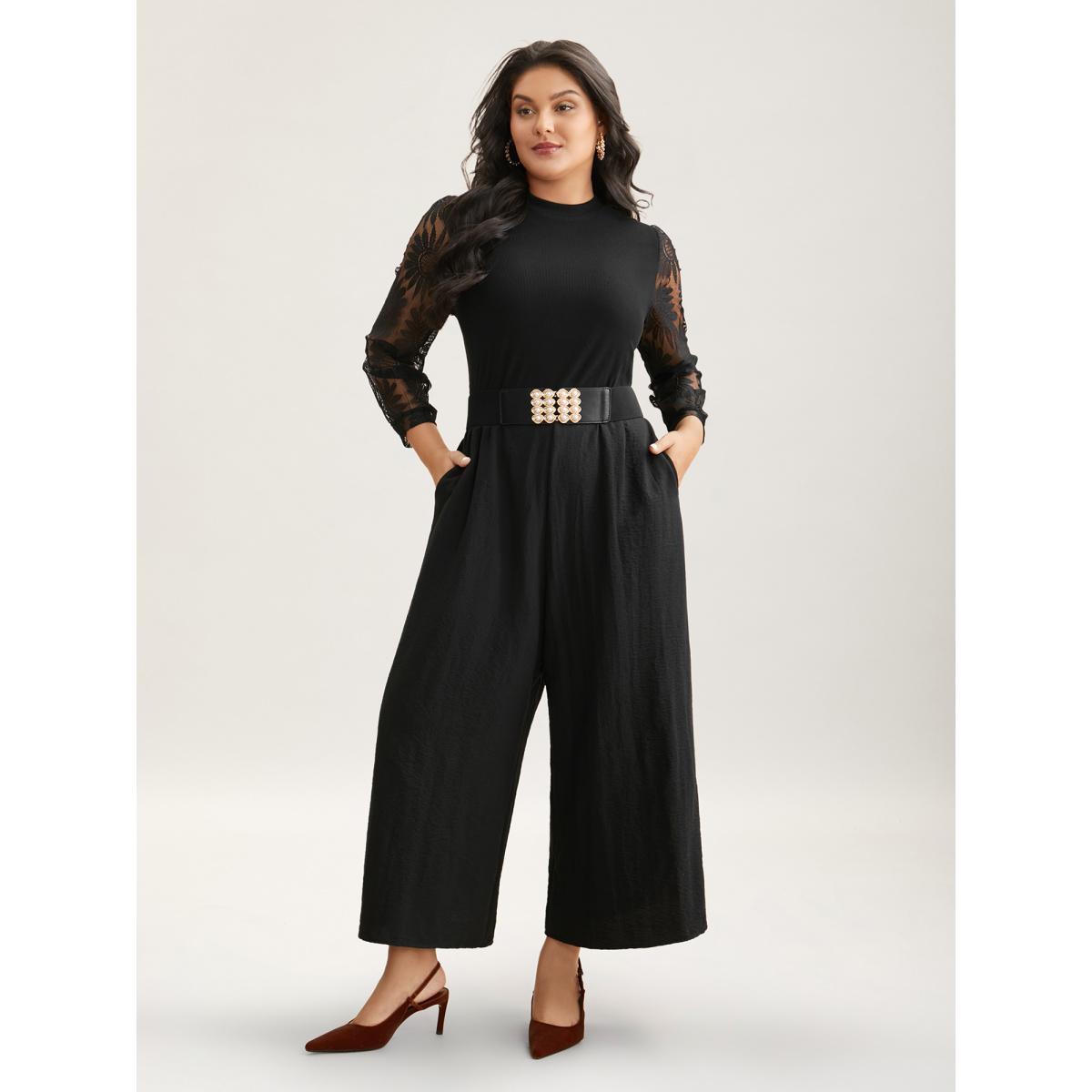 Plus Size Black Crochet Lace Mesh Mock Neck Jumpsuit Women Elegant Long Sleeve Mock Neck Everyday Loose Jumpsuits BloomChic 22-24/3X Product Image
