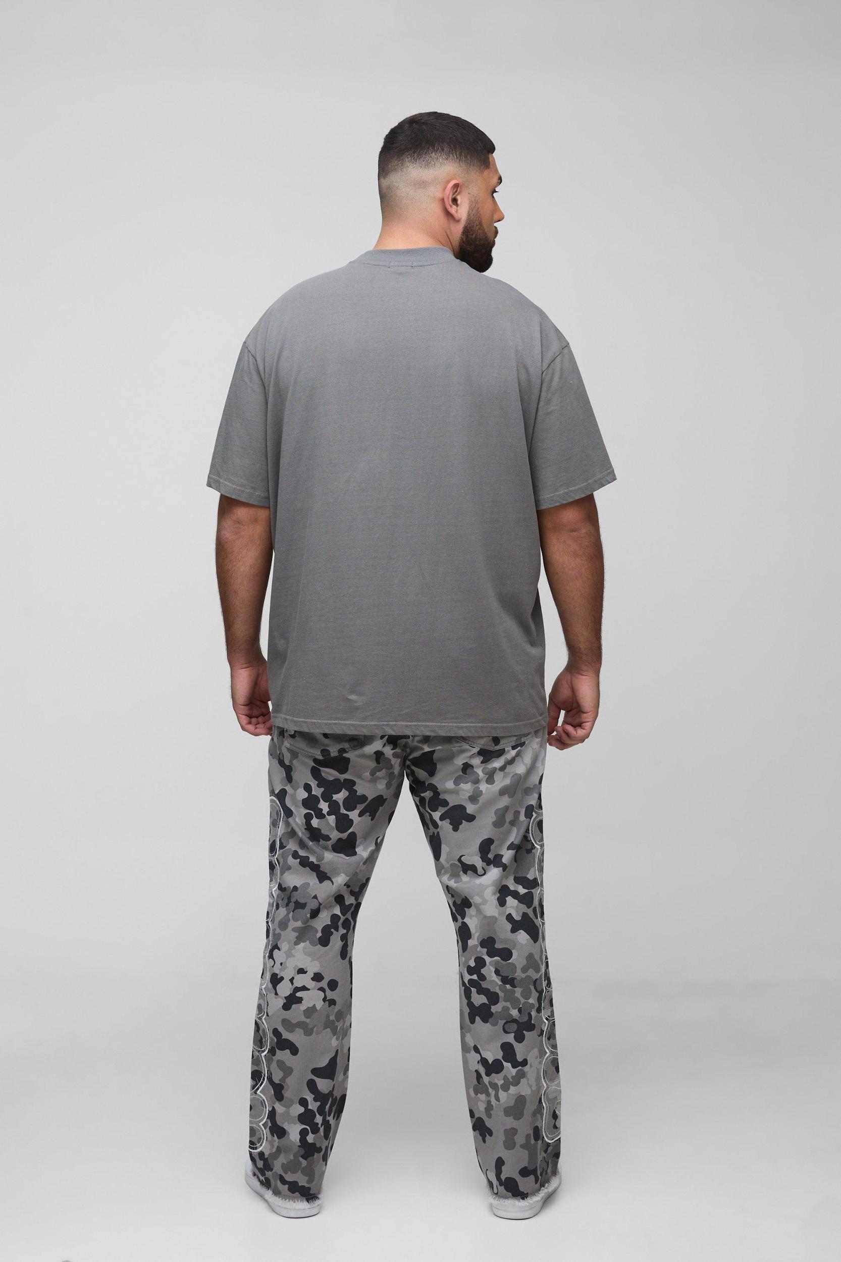 Plus Self Applique Gusset Detail Camo Slim Fit Flared Pants | boohooMAN USA Product Image