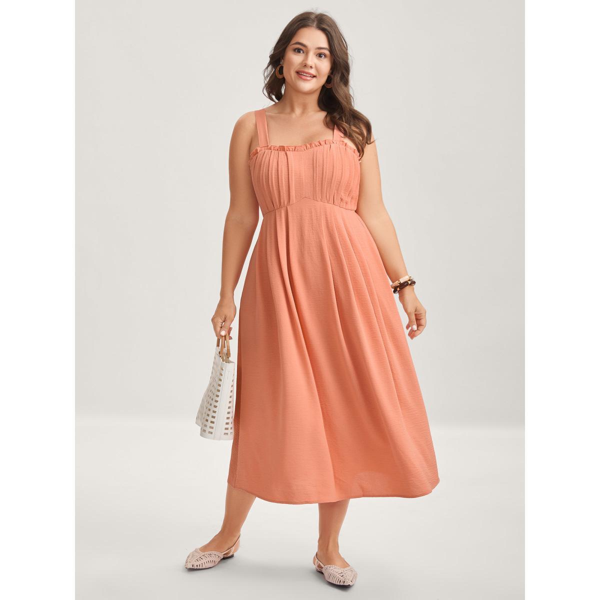 Plus Size Adjustable Straps Pleated Pockets Midi Dress Coral Women Non Sleeveless Curvy BloomChic 10/M Product Image