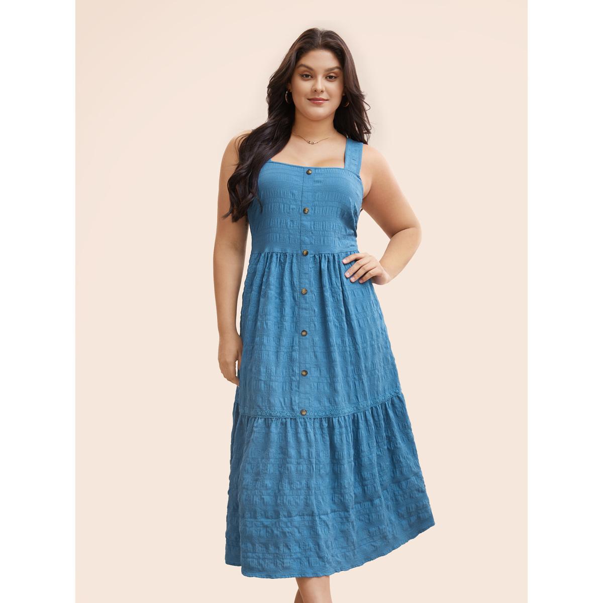 Plus Size Textured Button Detail Ruffle Layered Hem Dress Mediumblue Women Elegant Woven ribbon&lace trim Square Neck Sleeveless Curvy BloomChic 30/6X Product Image