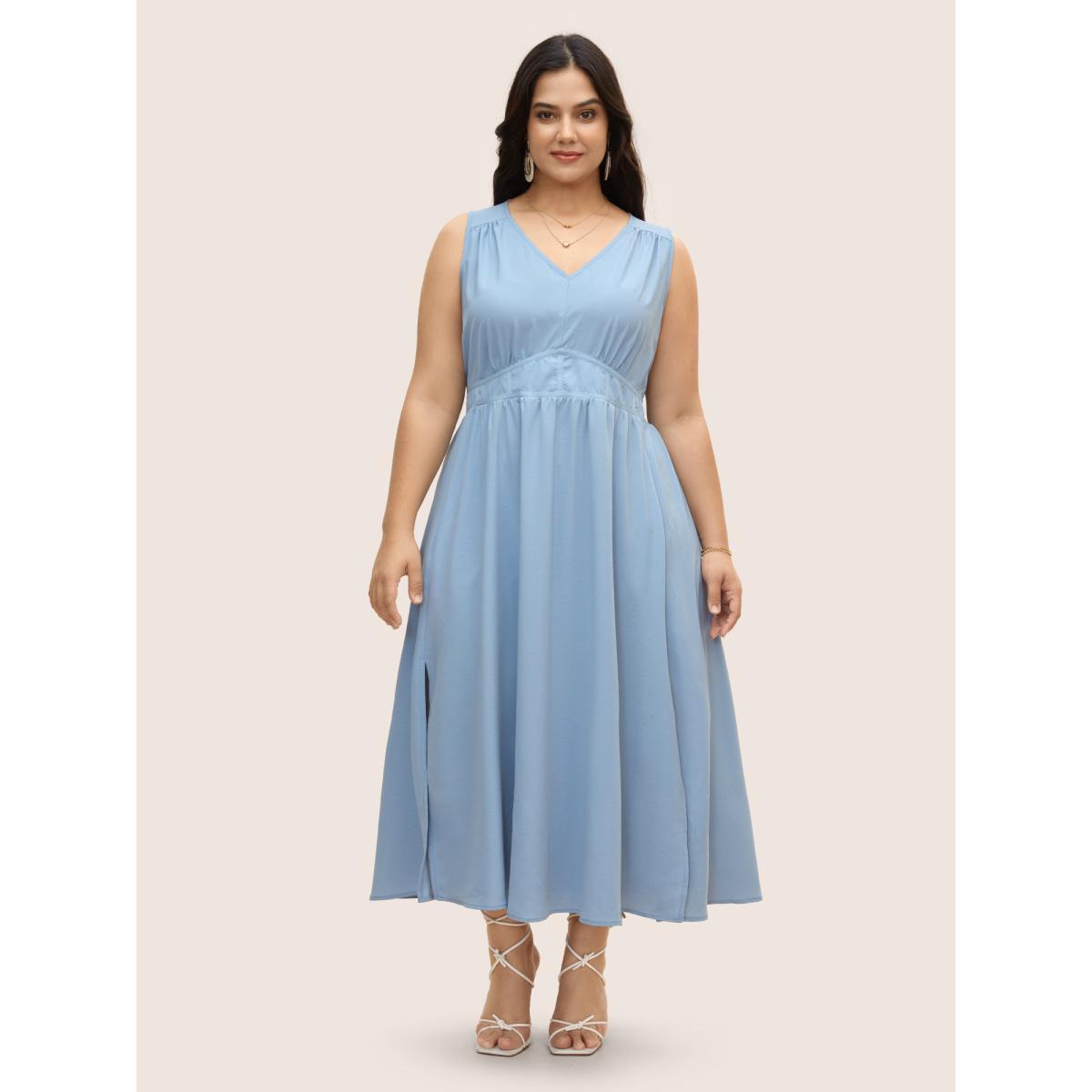 Plus Size Solid Gathered Split Side Tank Maxi Dress LightBlue Women Elegant Gathered V-neck Sleeveless Curvy BloomChic 28/5X Product Image