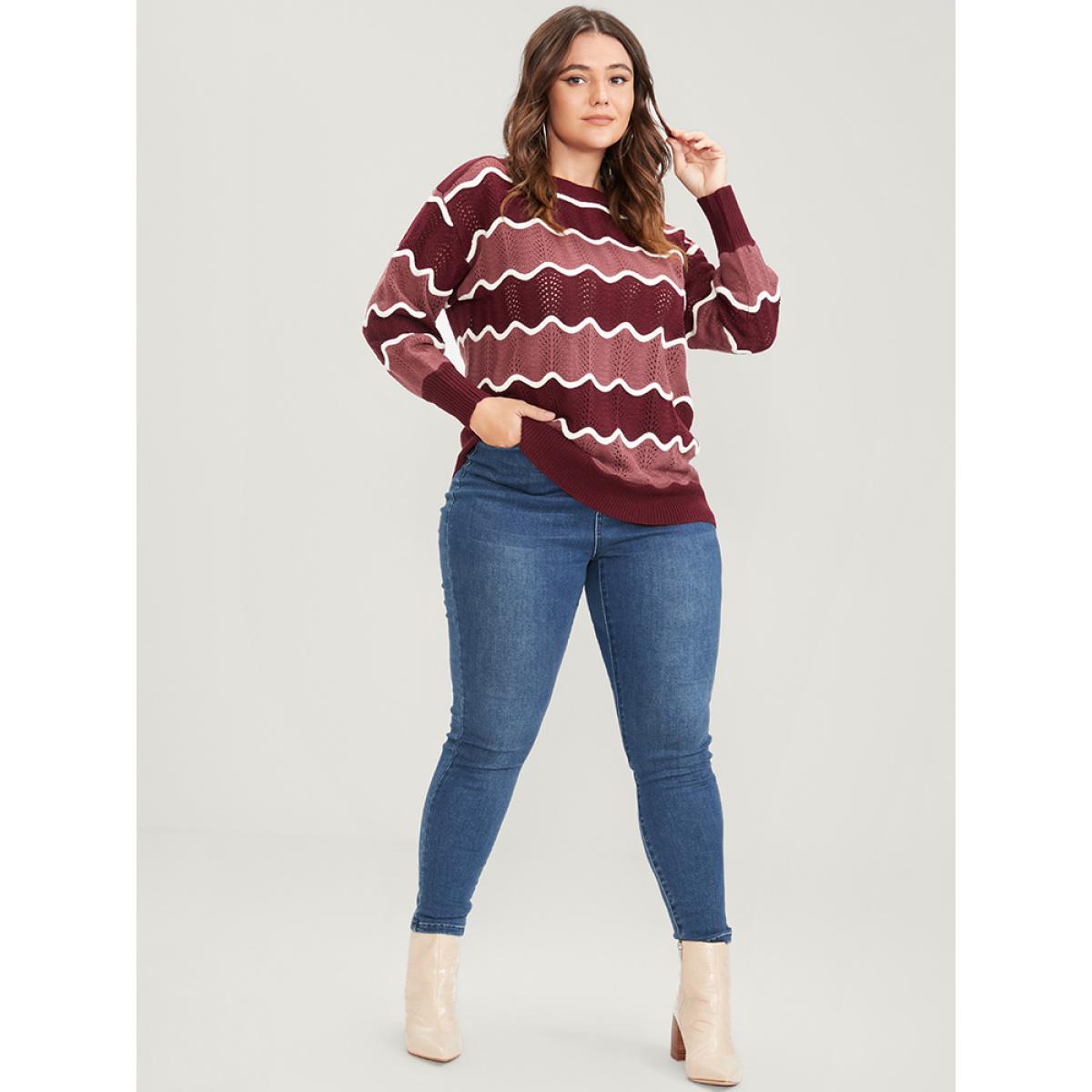 Plus Size Colorblock Contrast Pointelle Knit Water Ripple Knit Top Scarlet Women Elegant Long Sleeve Round Neck Dailywear Pullovers BloomChic 22-24/3X Product Image