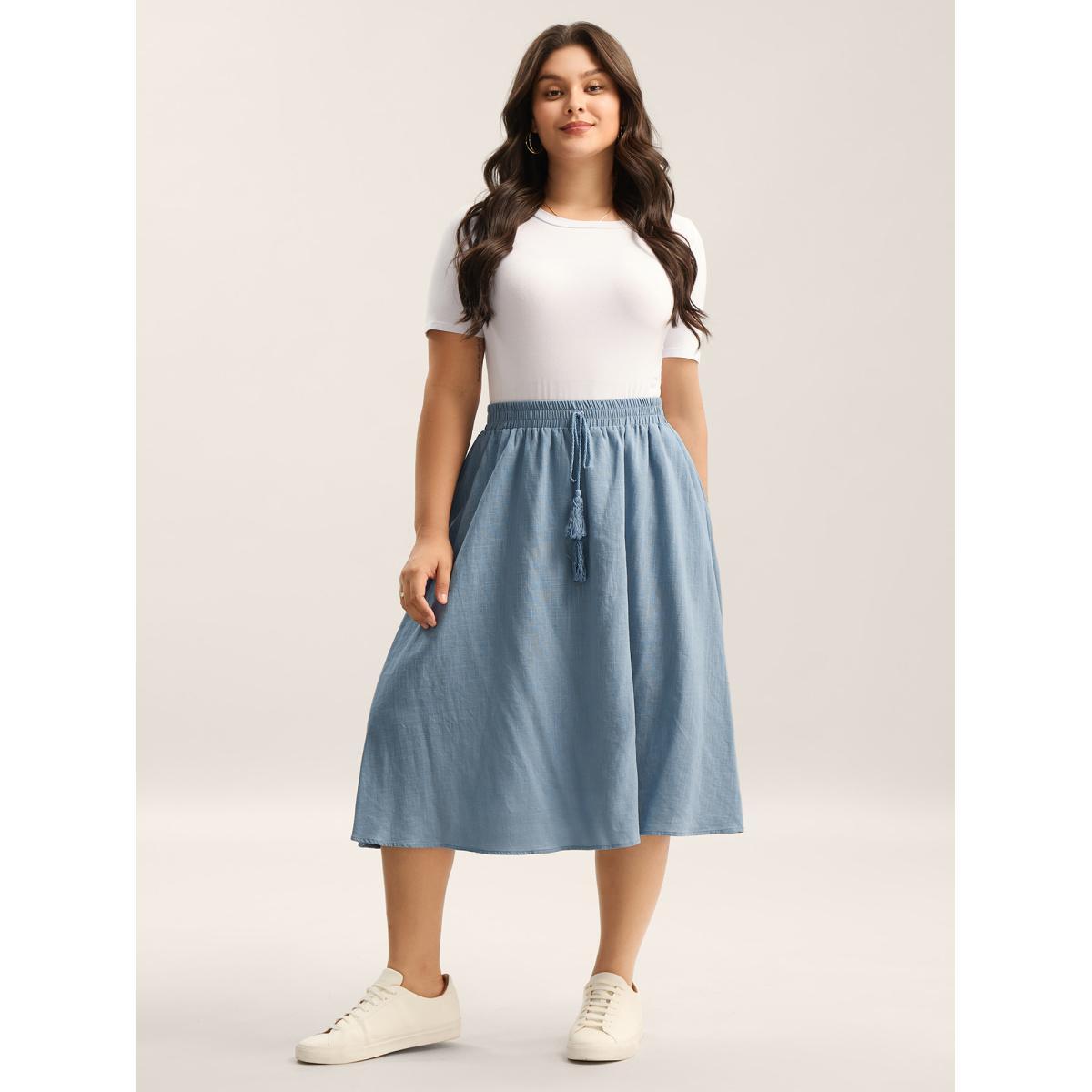 Plus Size Waist-Tie Tassel Plain Maxi Skirt Women Stone Loose No stretch Side seam pocket Everyday-Casual Skirts BloomChic 12/L Product Image