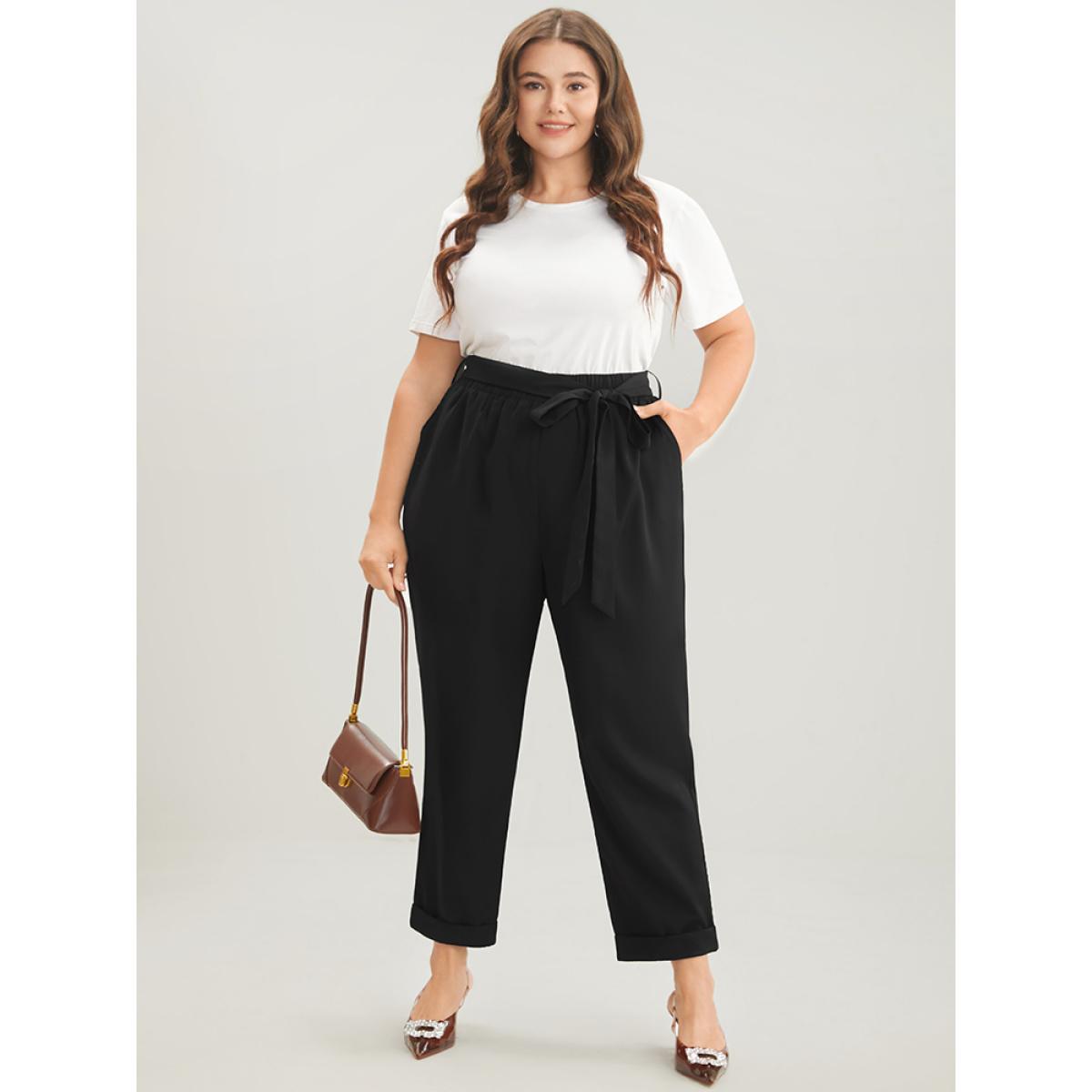 Plus Size Plain Elastic Waist Belted Pocket Mid Rise Pants Women Black Office Mid Rise Dailywear Pants BloomChic 30/6X Product Image