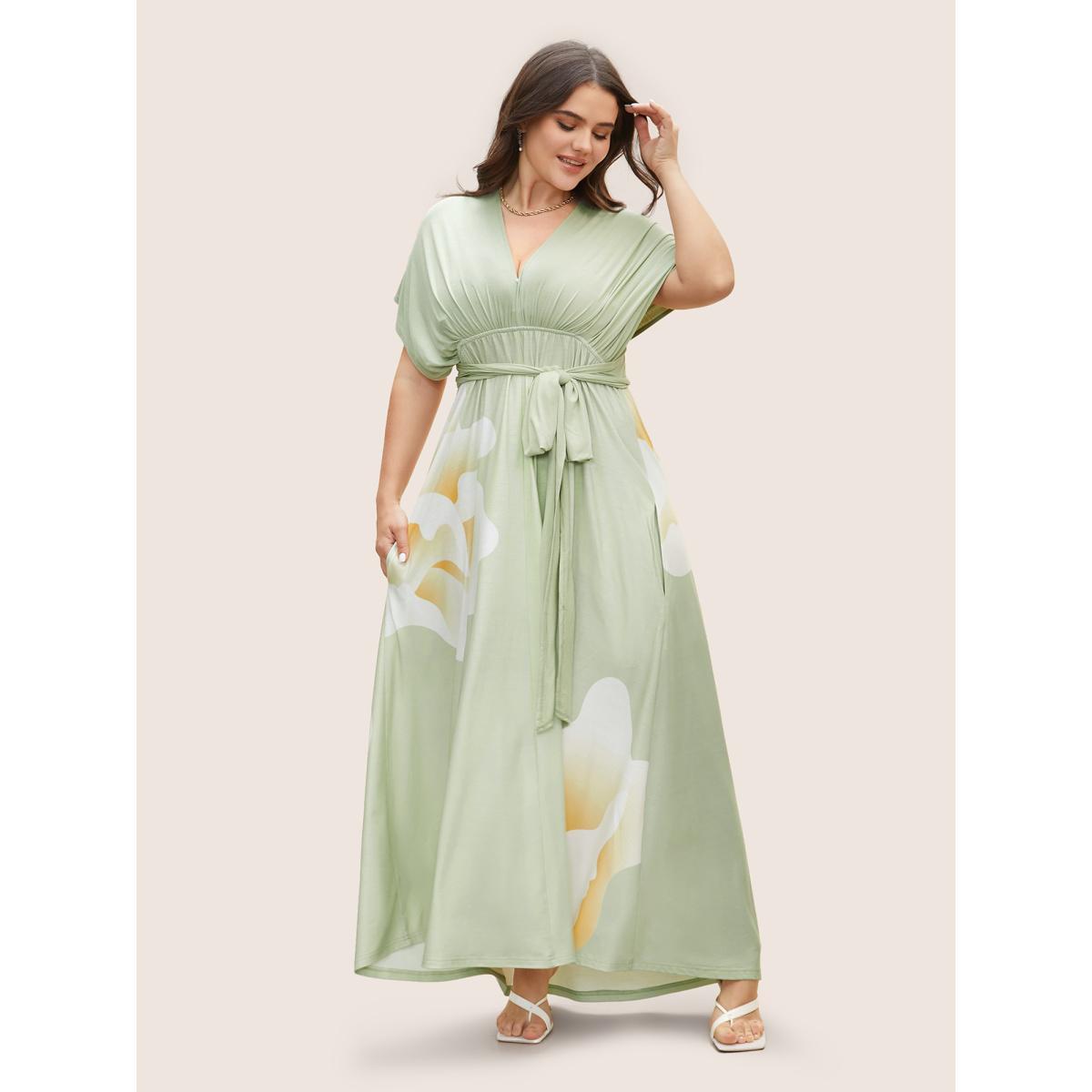 Plus Size Everywhere Dress - Floral Mesh Ties Dress Mint Women Elegant Belted Non Sleeveless Curvy BloomChic 30/6X Product Image
