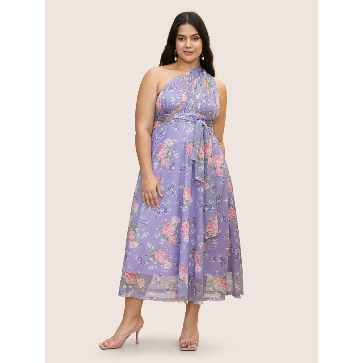 Plus Size Everywhere Dress - Mesh Floral Ruched Dress Lavender Women Elegant Belted One-shoulder neck Sleeveless Curvy BloomChic 26/4X Product Image