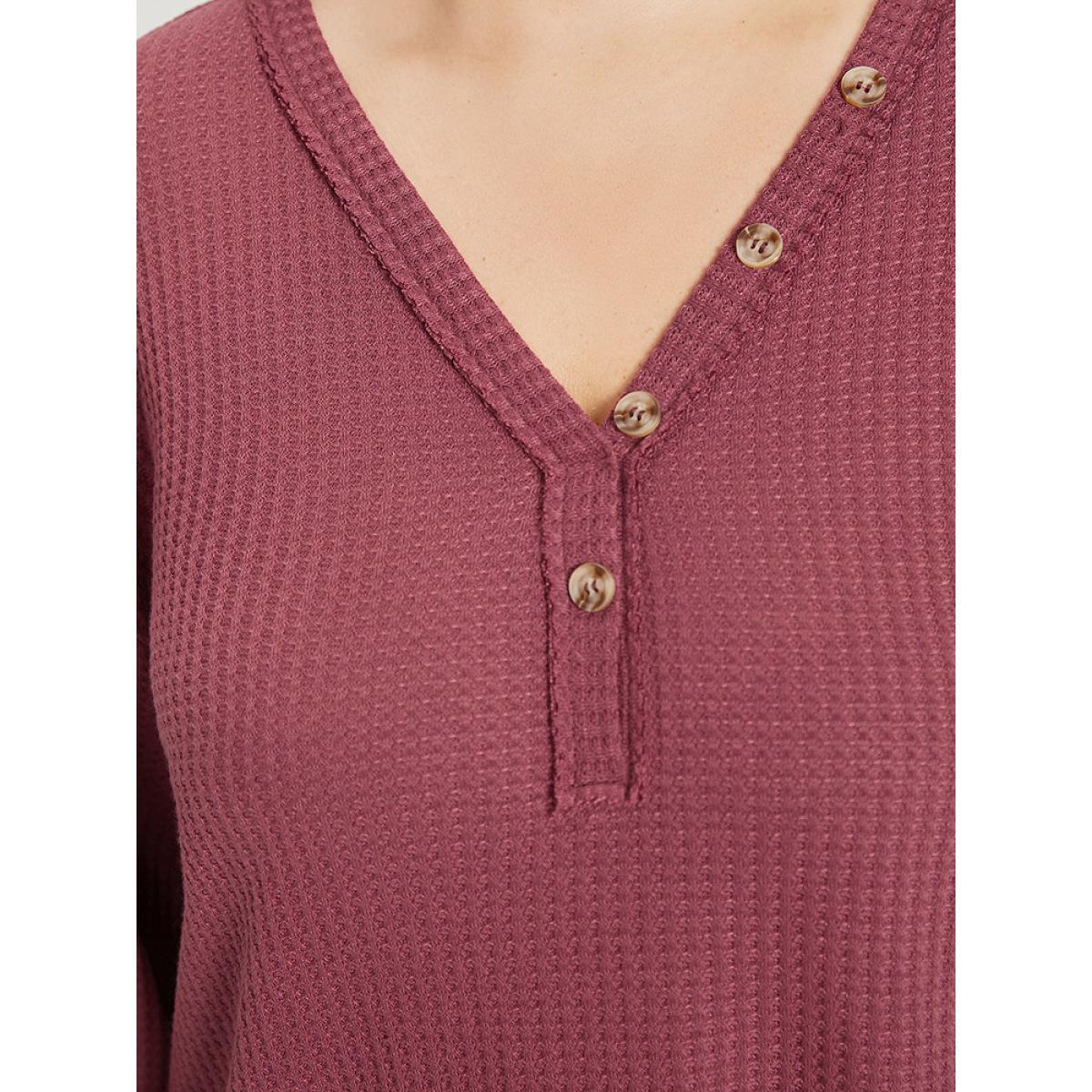 Plus Size Waffle Knit Button Detail V Neck T-shirt Russet Women Casual Elastic cuffs Plain V-neck Dailywear T-shirts BloomChic 12/L Product Image