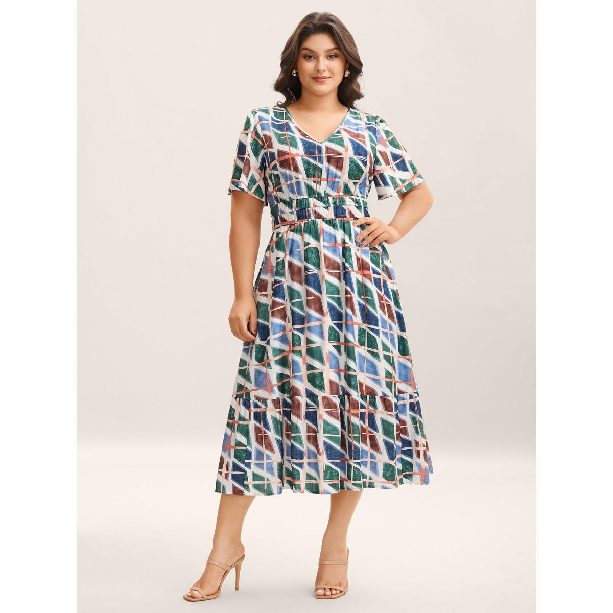 Plus Size Abstract Print Stretchy Waist Midi Dress Multicolor Women V-neck Short sleeve Curvy BloomChic 18-20/2X Product Image
