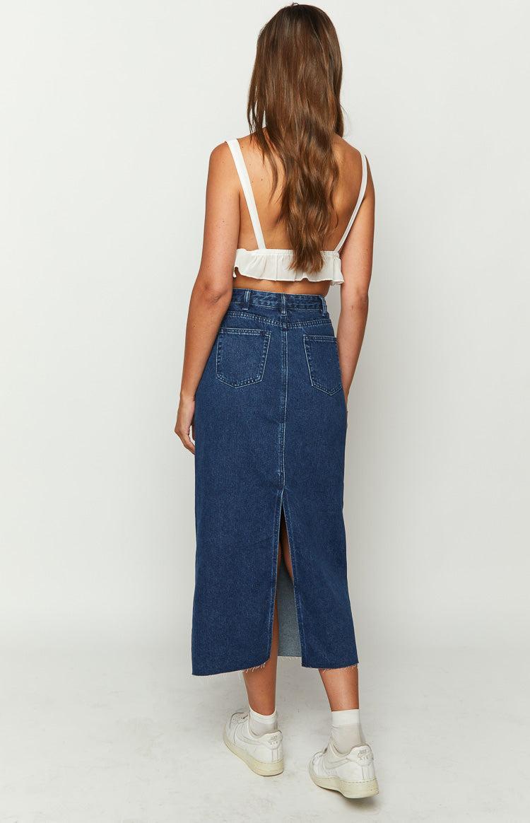 Isla Dark Denim Midi Skirt Product Image