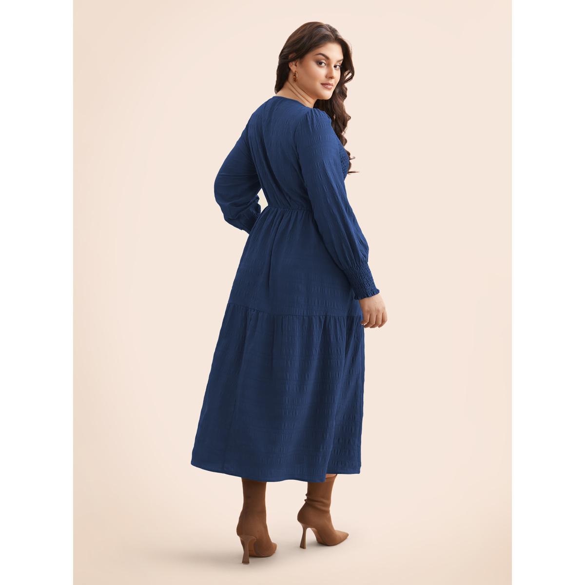 Plus Size Plain Textured Shirred Midi Dress DarkBlue Women Elegant Texture Round Neck Long Sleeve Curvy BloomChic 22-24/3X Product Image