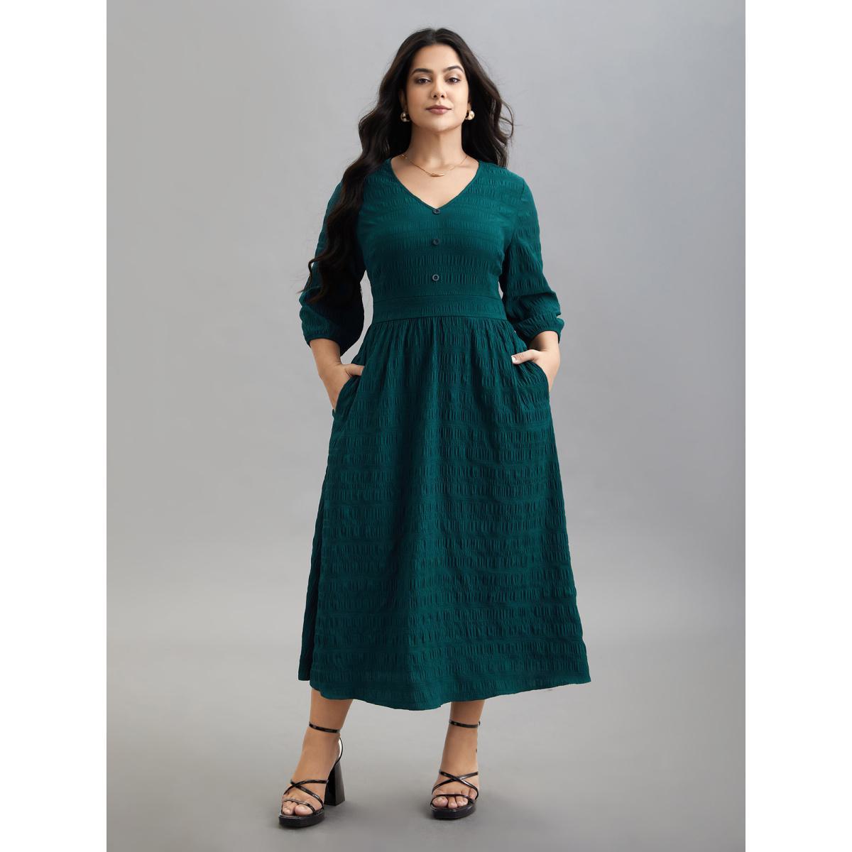 Plus Size Textured Waist-Defined Button Midi Dress Emerald Women Elegant Texture V-neck Elbow-length sleeve Curvy BloomChic 14-16/1X Product Image