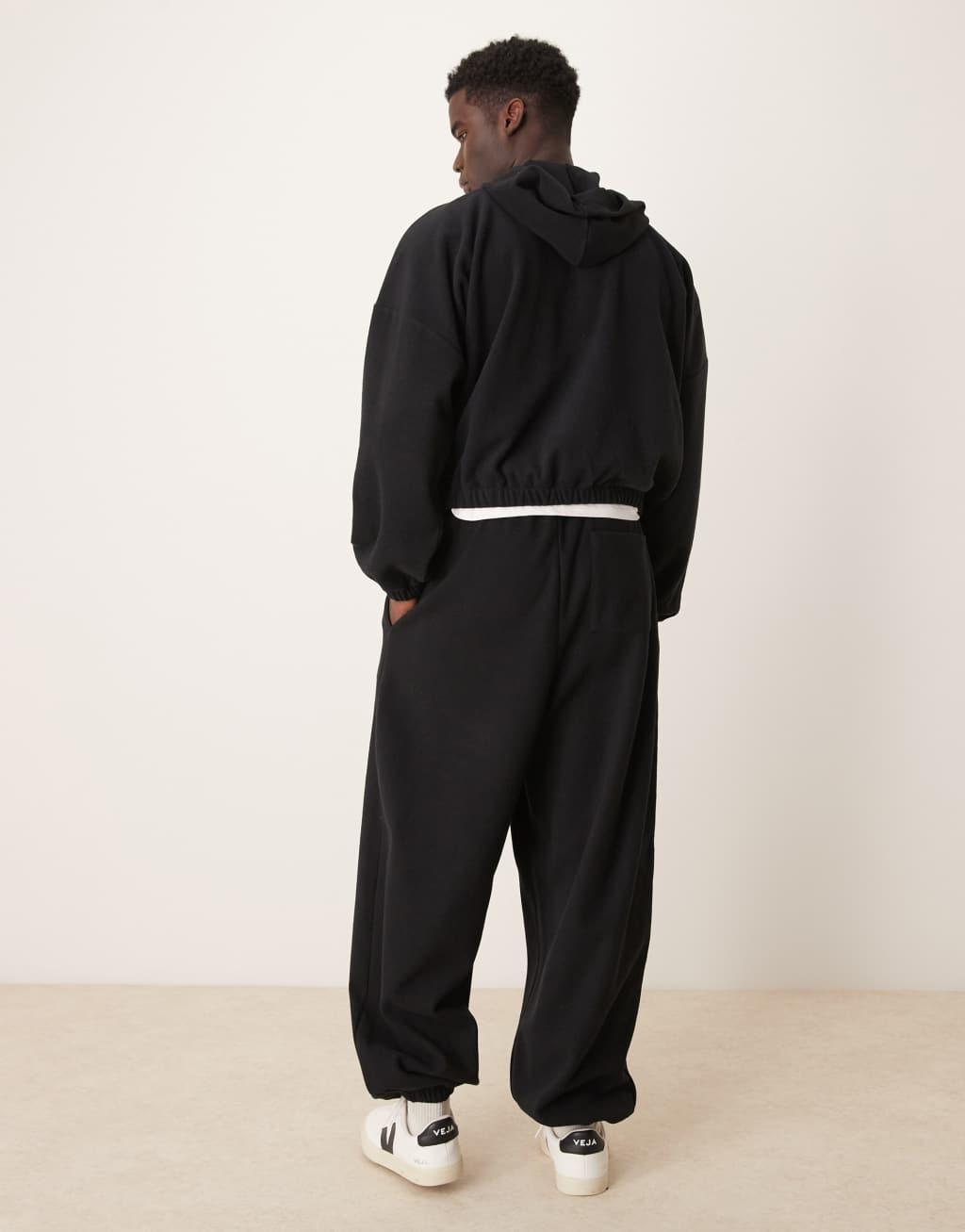 ASOS DESIGN baggy balloon sweatpants in heavyweight brushed rib in black - part of a set Product Image