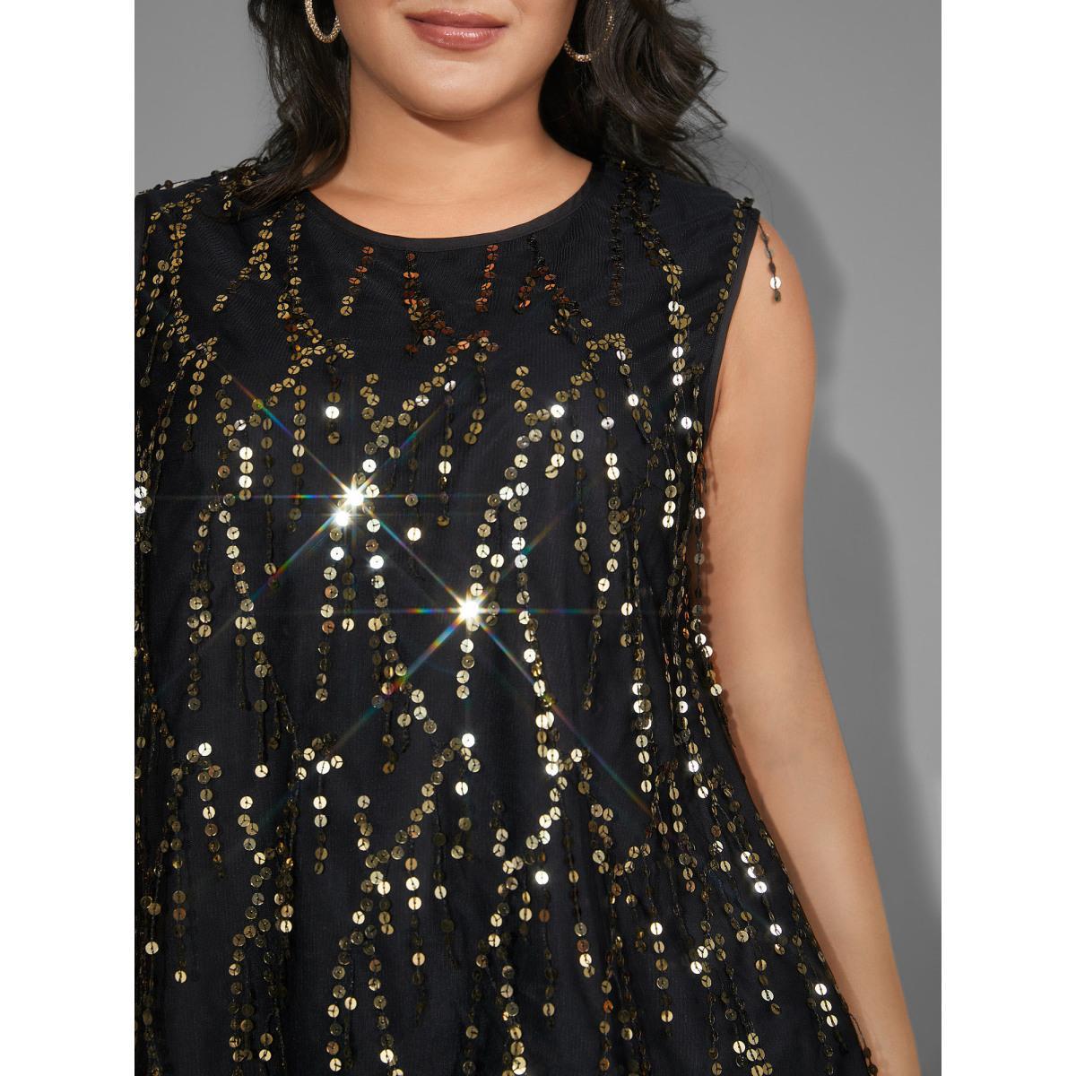 Plus Size Sequin Mesh Tassel Trim Tank Top Women Black Elegant Tassels Round Neck Everyday Tank Tops Camis BloomChic 26/4X Product Image