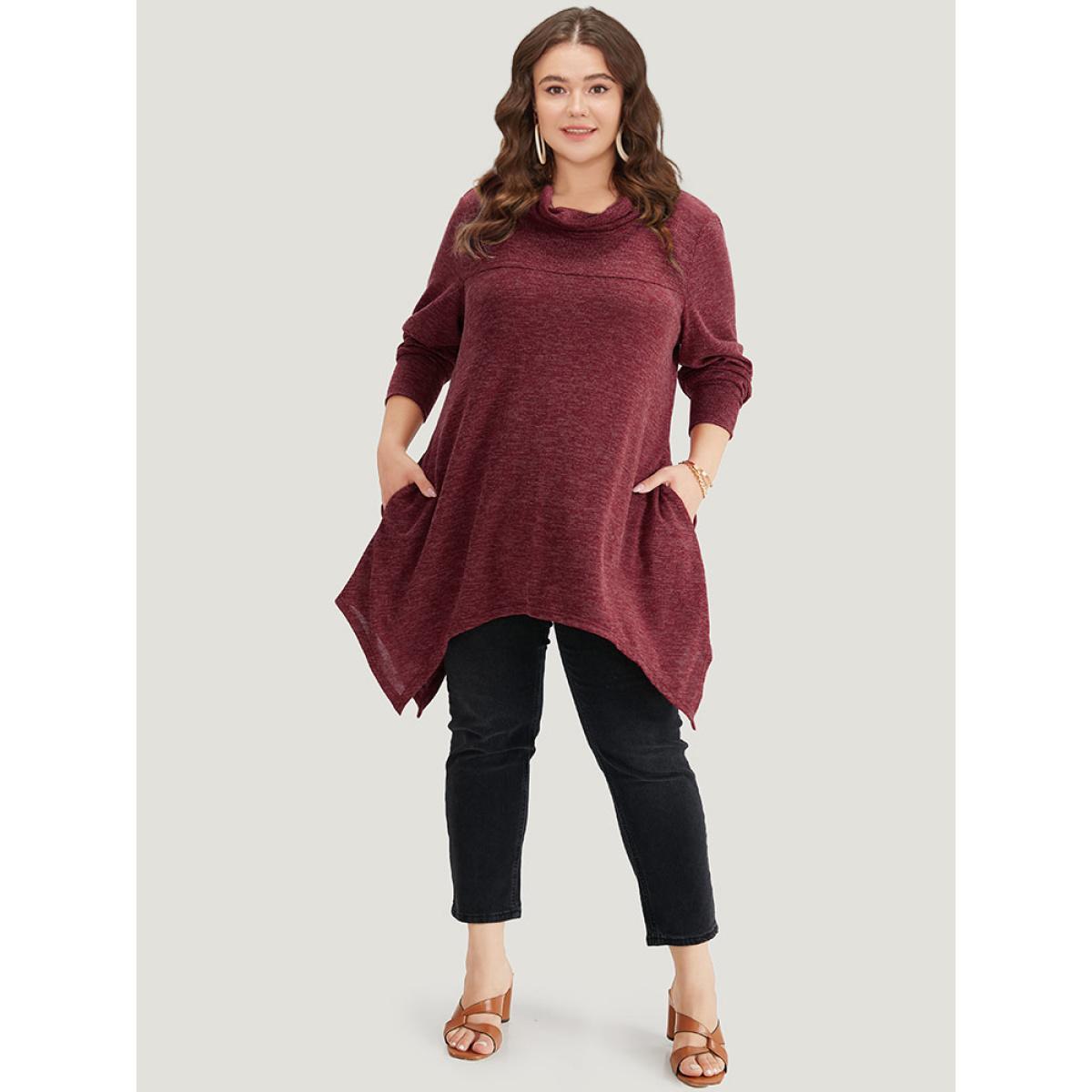 Plus Size Solid Turtleneck Pocket Hanky Hem Sweatshirt Women Scarlet Elegant Elastic cuffs Overlap Collar Dailywear Sweatshirts BloomChic 14-16/1X Product Image