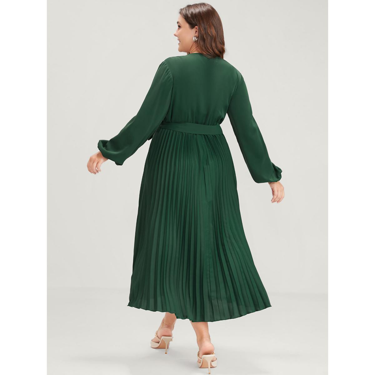 Plus Size Solid Lantern Sleeve Belted Pleated Wrap Dress DarkGreen Women Elegant Plain V-neck Long Sleeve Curvy Midi Dress BloomChic 18-20/2X Product Image