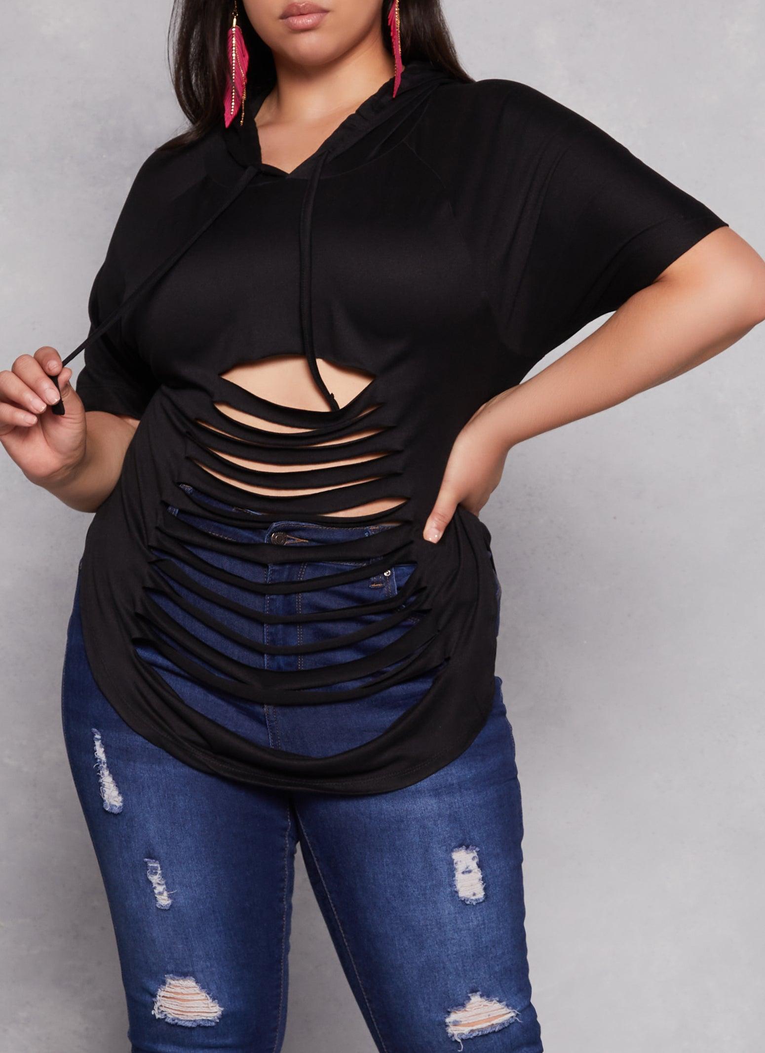 Womens Plus Size Laser Cut Hooded Top Product Image