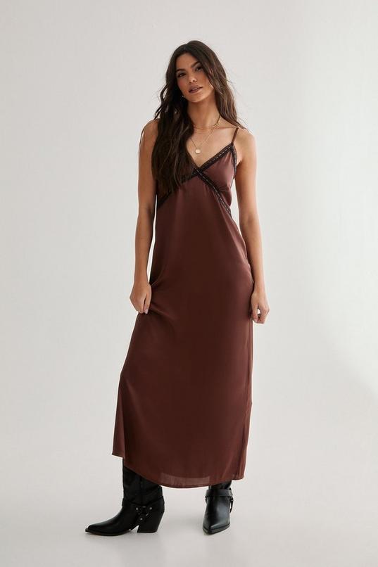 Satin Ribbon Lace Trim Maxi Slip Dress Product Image