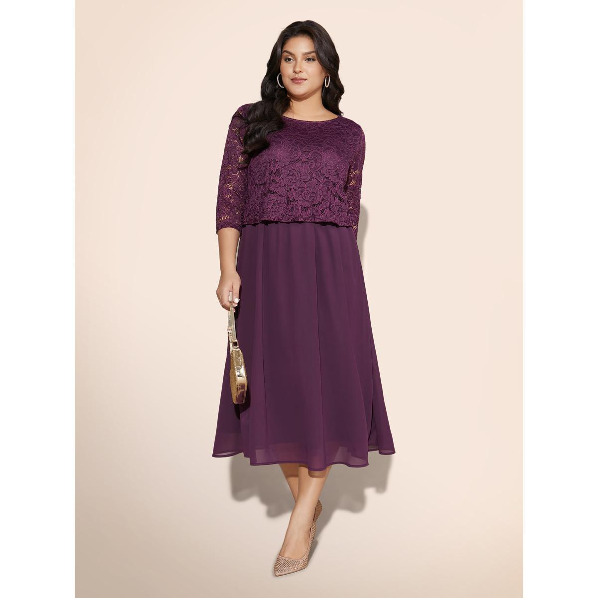 Plus Size Round Neck Crochet Lace Mesh Dress Deeppurplered Women Cocktail Woven ribbon&lace trim Round Neck Elbow-length sleeve Curvy BloomChic 30/6X Product Image