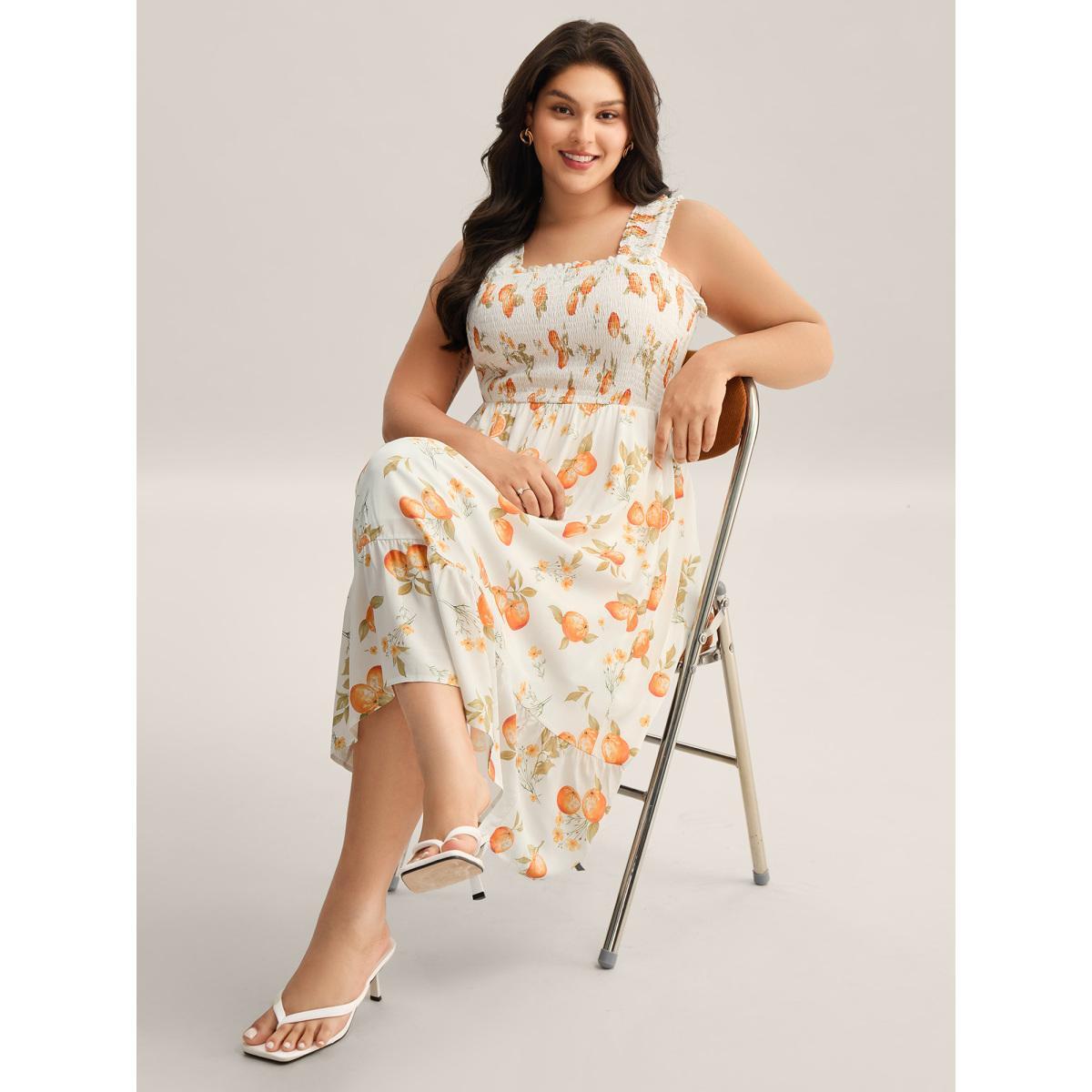 Plus Size Citrus Print Shirred Pockets Midi Dress Originalwhite Women Non Sleeveless Curvy BloomChic 18-20/2X Product Image