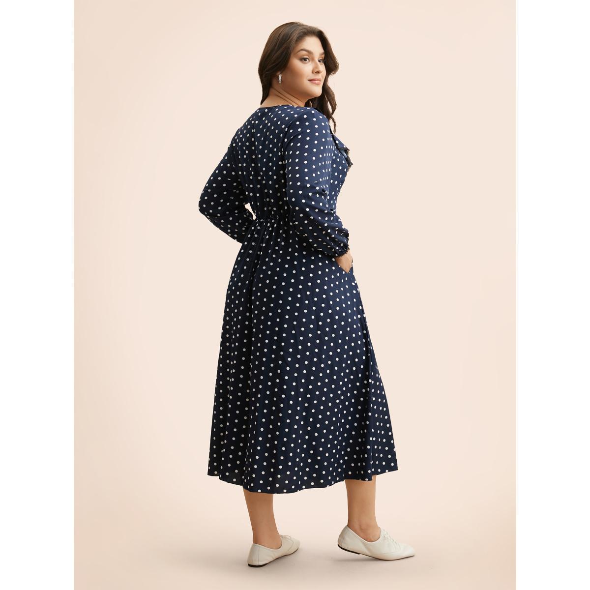 Plus Size Polka Dot Ruffle Trim Midi Dress DarkBlue Women Elegant Ruffles V-neck Long Sleeve Curvy BloomChic 22-24/3X Product Image