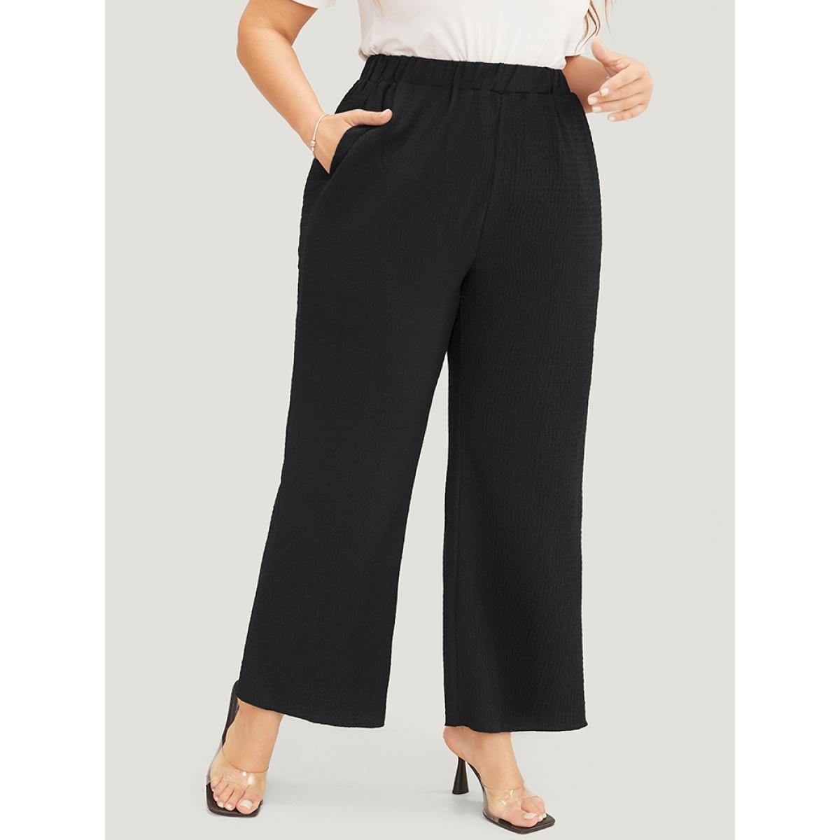 Plus Size Solid Textured Elastic Waist Pocket Bootcut Pants Women Black Casual Mid Rise Dailywear Pants BloomChic 10/M Product Image
