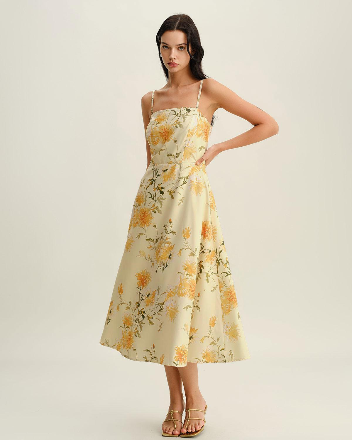 Yellow Floral Shirred Slip Midi Dress Product Image
