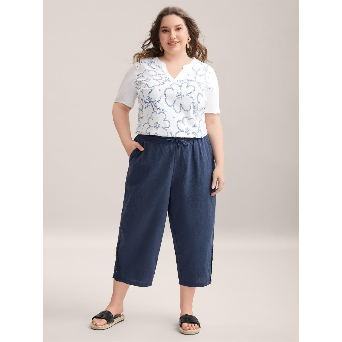 Plus Size Lace Cut-Out Straight-Leg Plain Pants Women Indigo Resort Straight Leg Mid Rise Vacation Pants BloomChic 28/5X Product Image