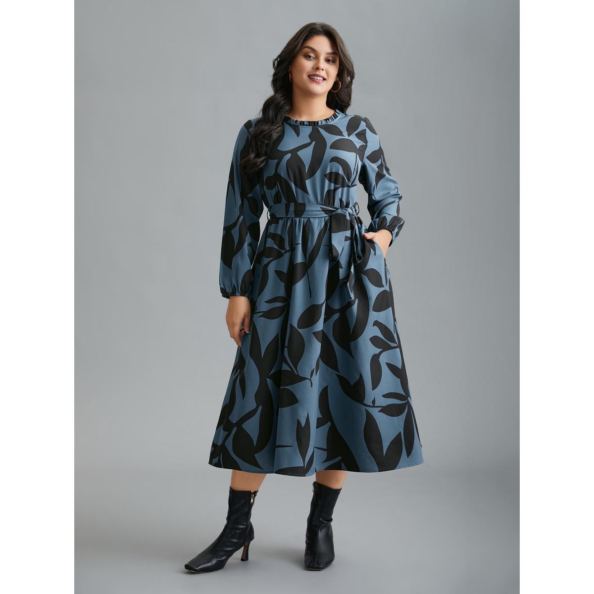 Plus Size Silhouette Floral Print Frill Trim Dress Aegean Women Elegant Belted Round Neck Long Sleeve Curvy BloomChic 30/6X Product Image