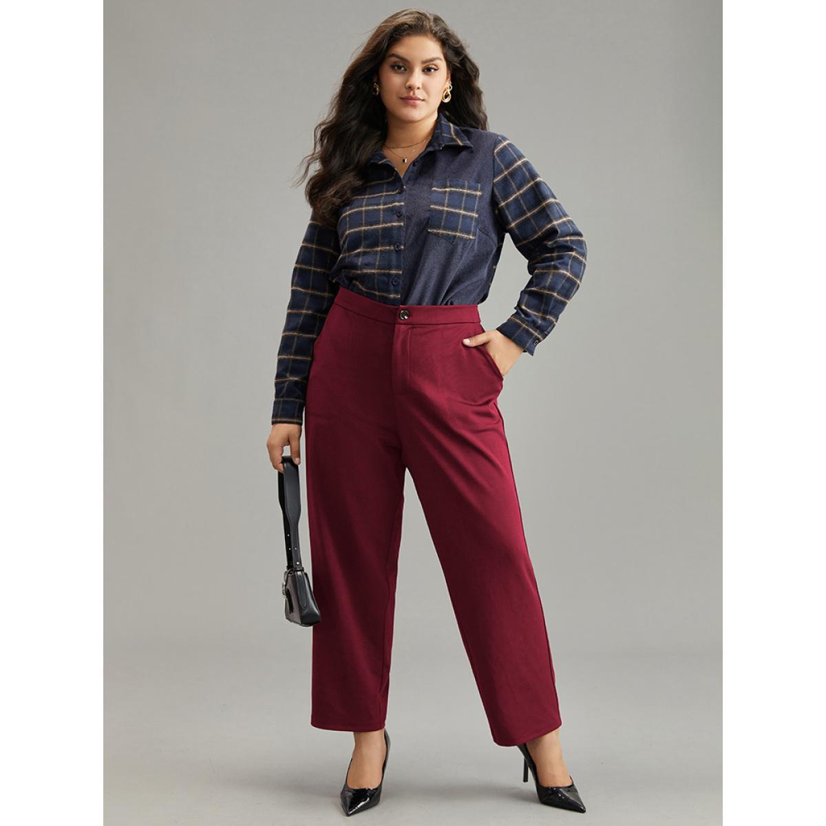 Plus Size Plain Elastic Waist Pocket Mid Rise Pants Women Scarlet Office Mid Rise Work Pants BloomChic 14-16/1X Product Image
